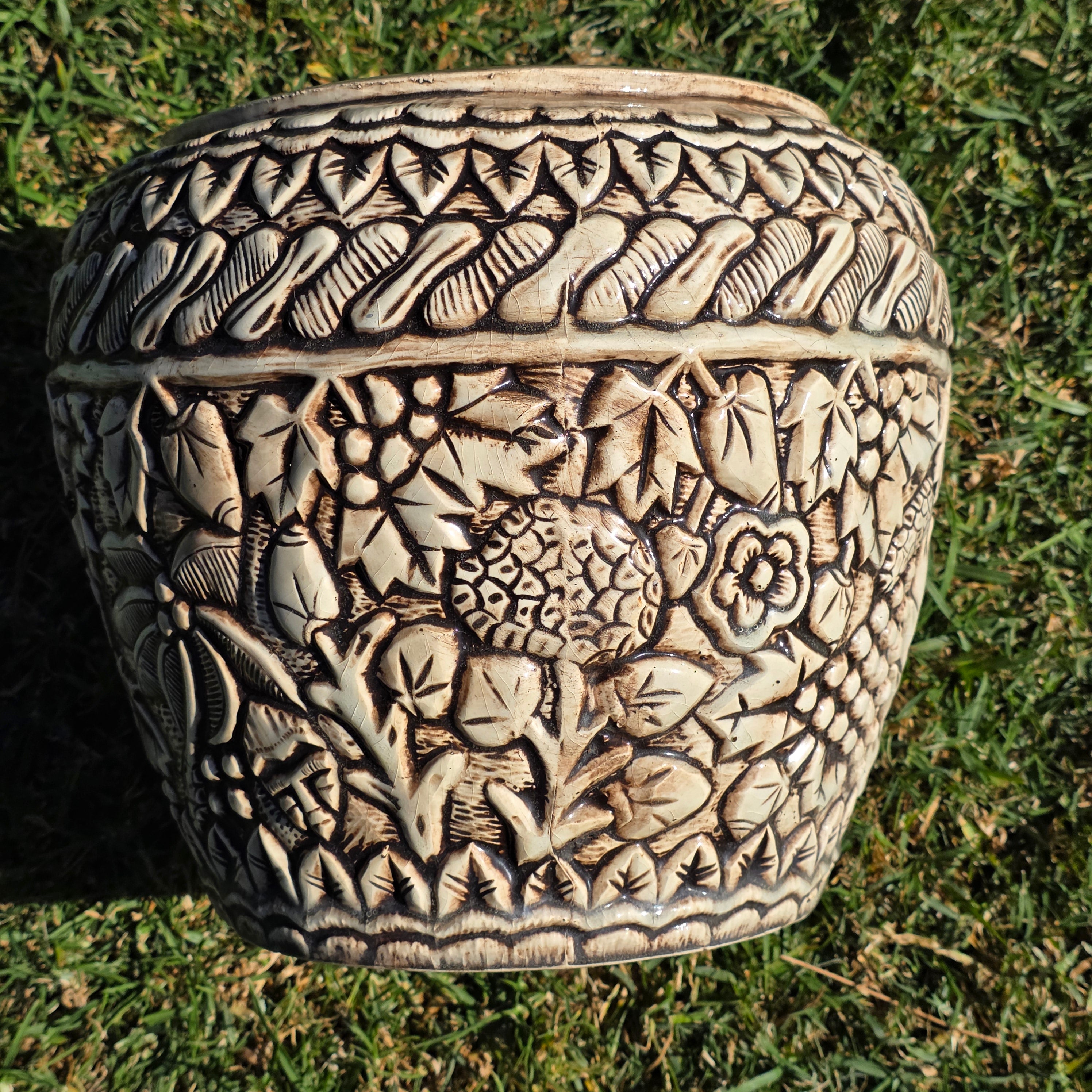 Vintage Tiki Style Ceramic Planter with Lovers' Kiss & Tropical Relief 10"H
