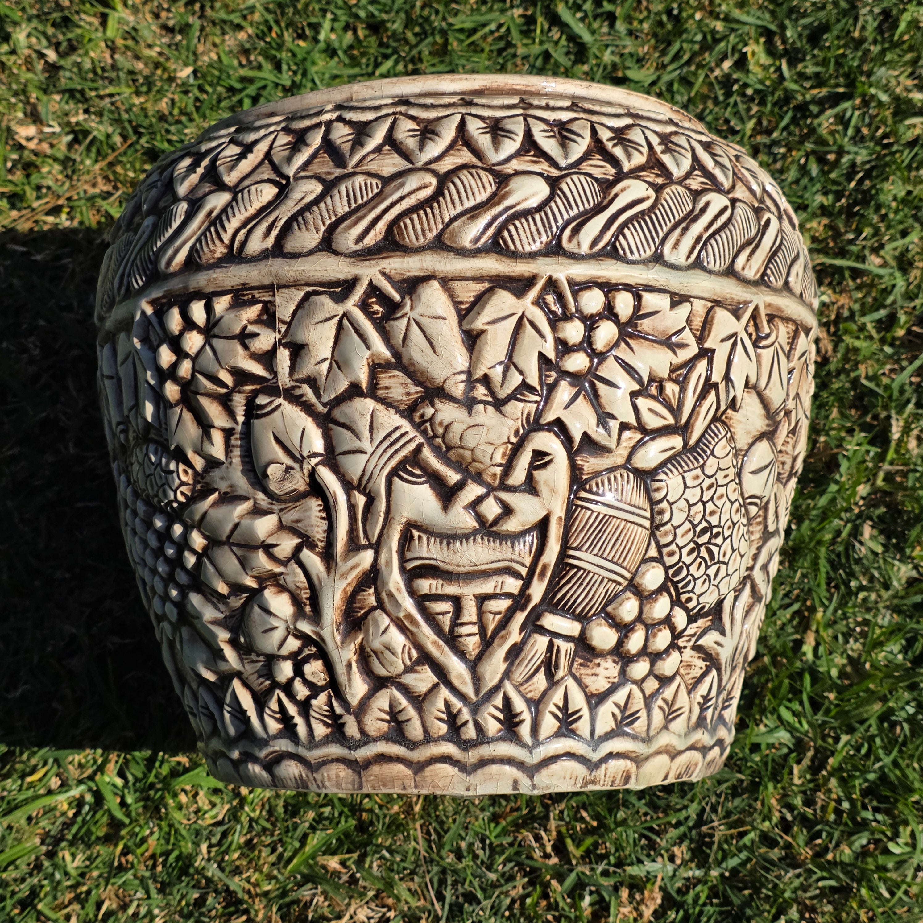 Vintage Tiki Style Ceramic Planter with Lovers' Kiss & Tropical Relief 10"H