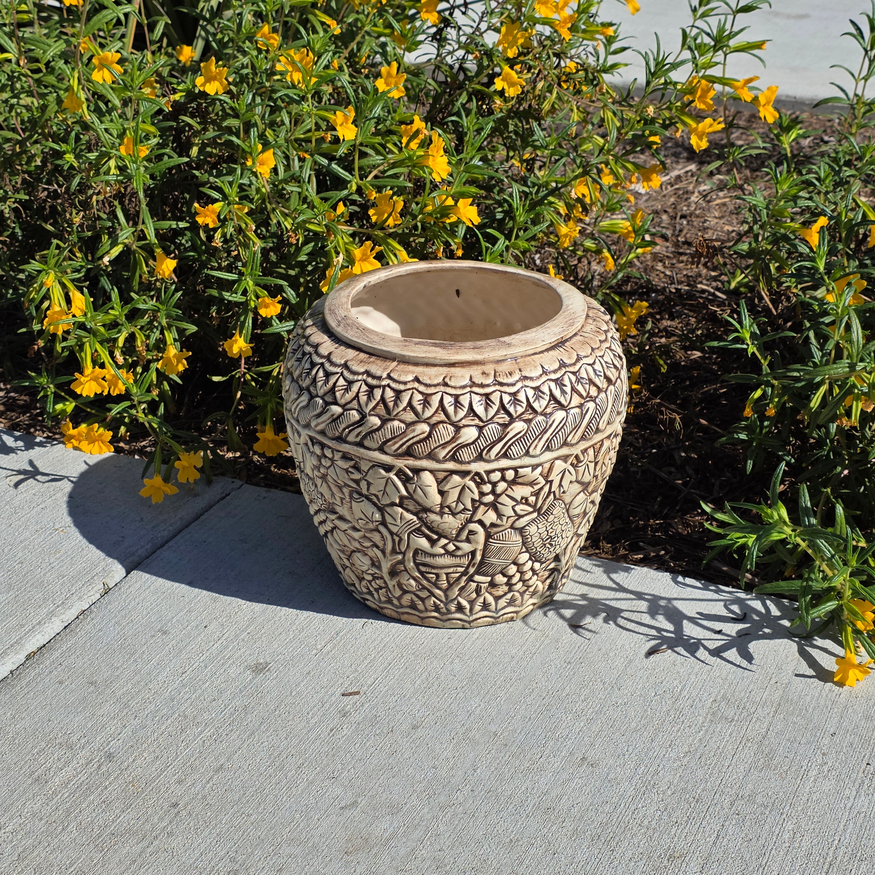 Vintage Tiki Style Ceramic Planter with Lovers' Kiss & Tropical Relief 10"H