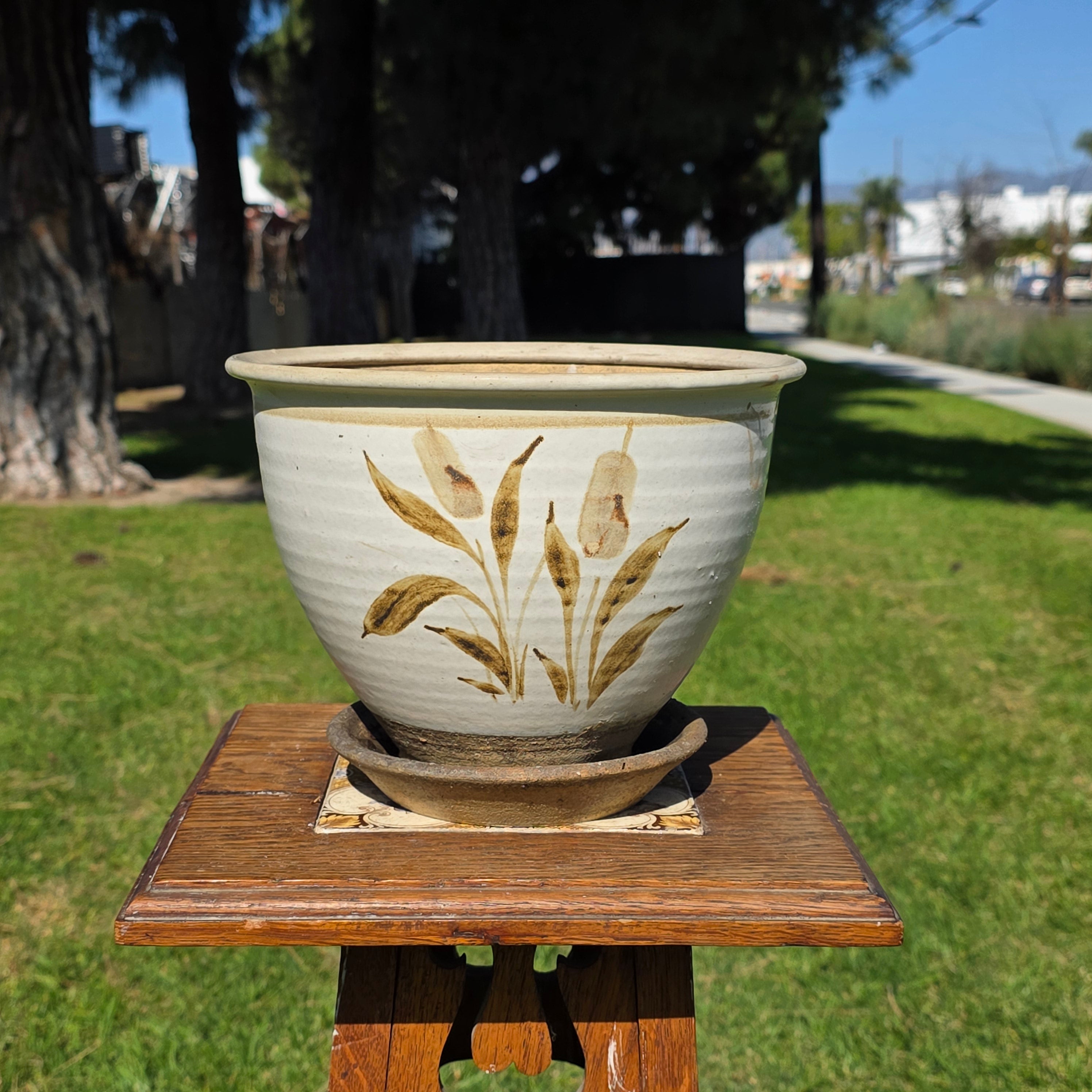 Vintage-Inspired Hand-Painted Ceramic Planter with Saucer - Botanical Motif 7"H