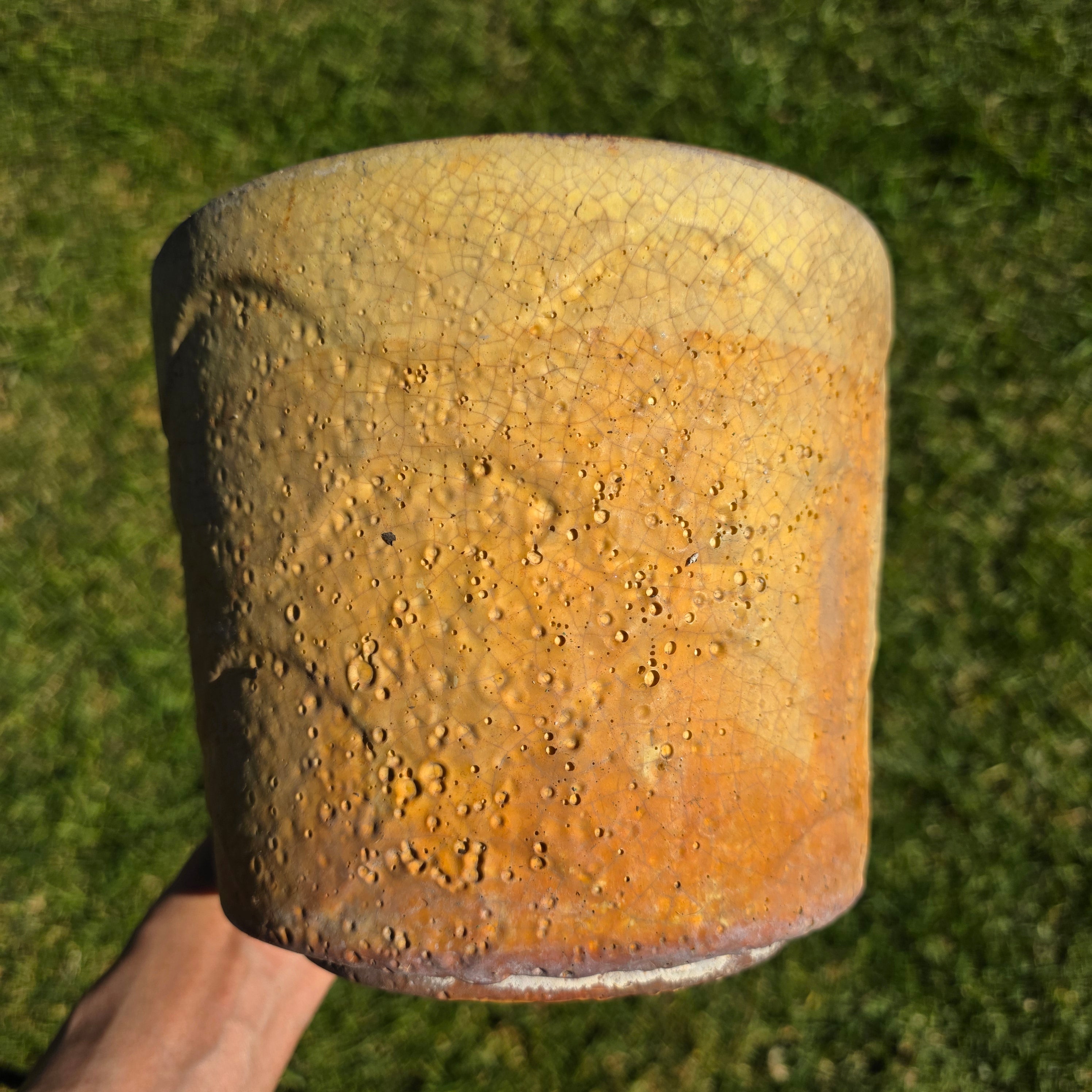 Vintage FP21 USA Studio Pottery Planter Lava Glaze Yellow Wave Pattern 6.75"H