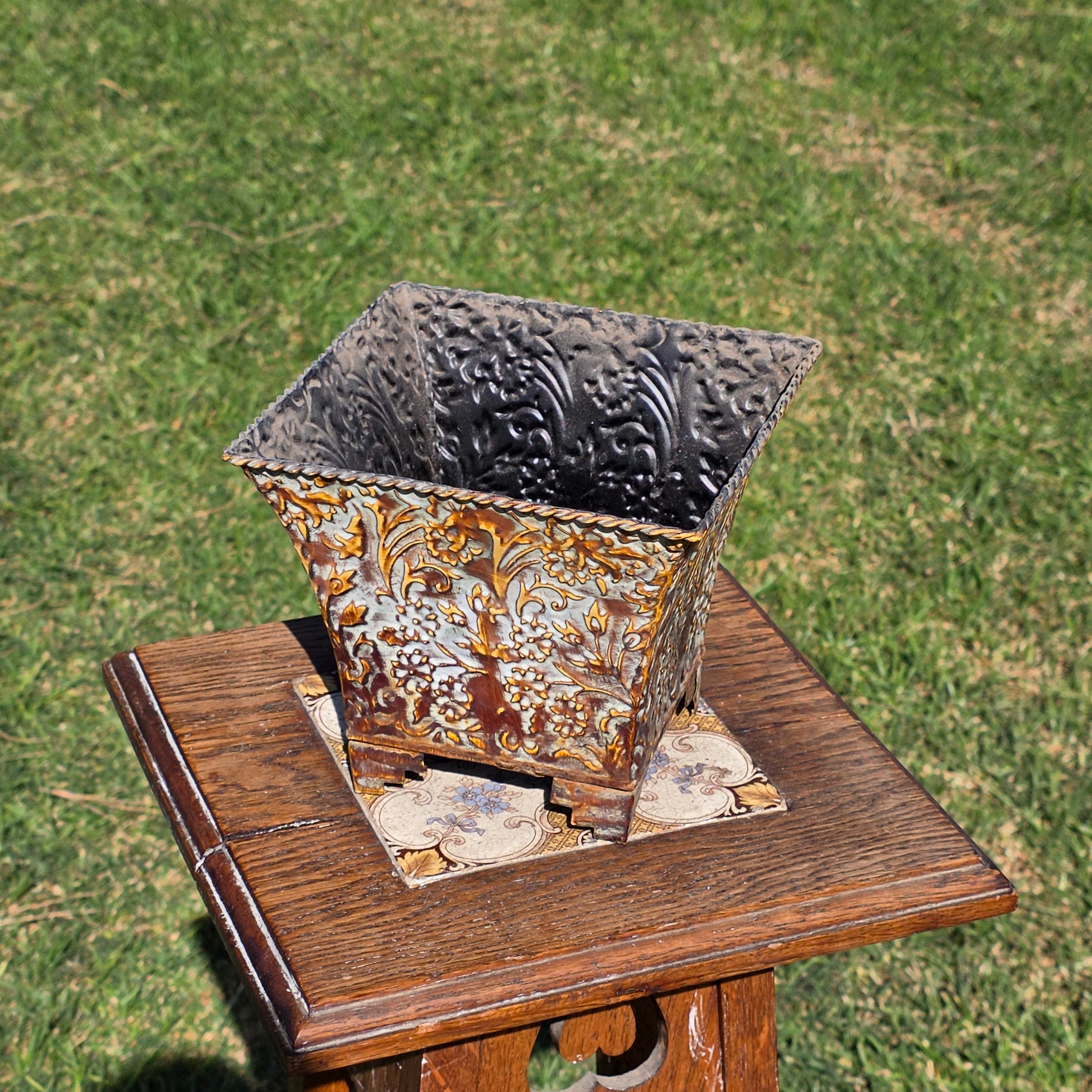 Vintage French Country Embossed Floral Metal Square Planter with Feet
