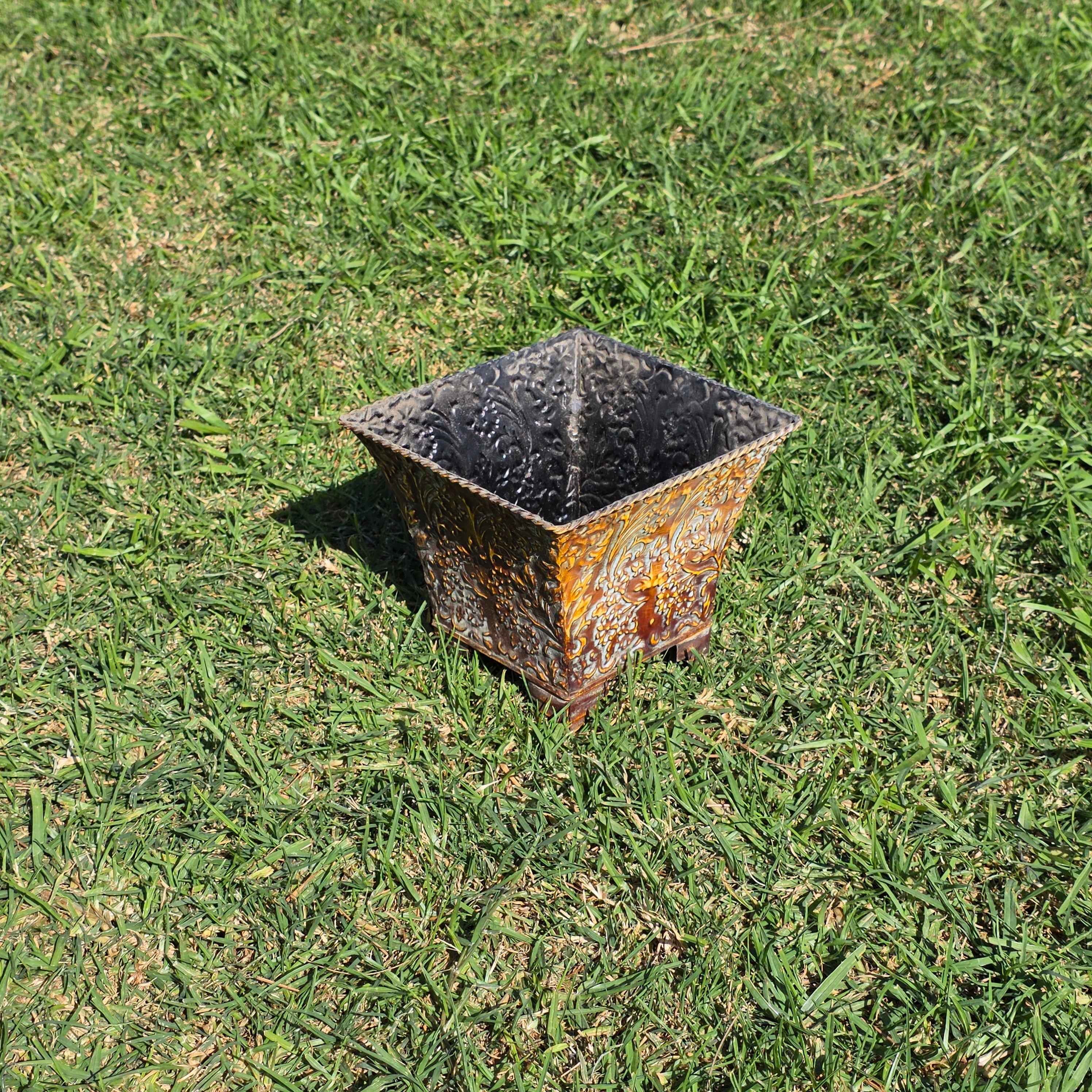 Vintage French Country Embossed Floral Metal Square Planter with Feet