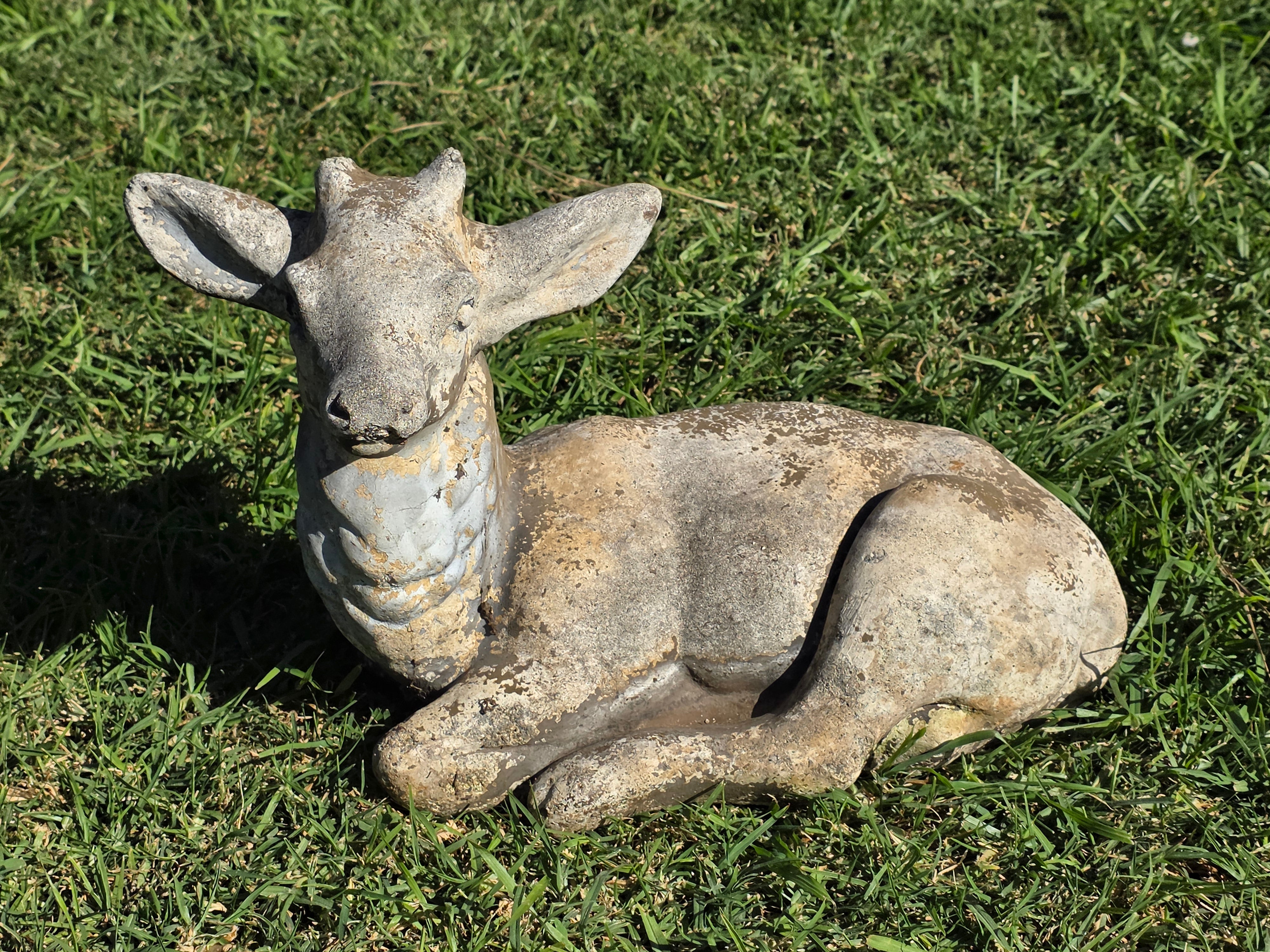 Vintage Concrete Reclining Fawn Deer Garden Statue Ornament 17.5"L