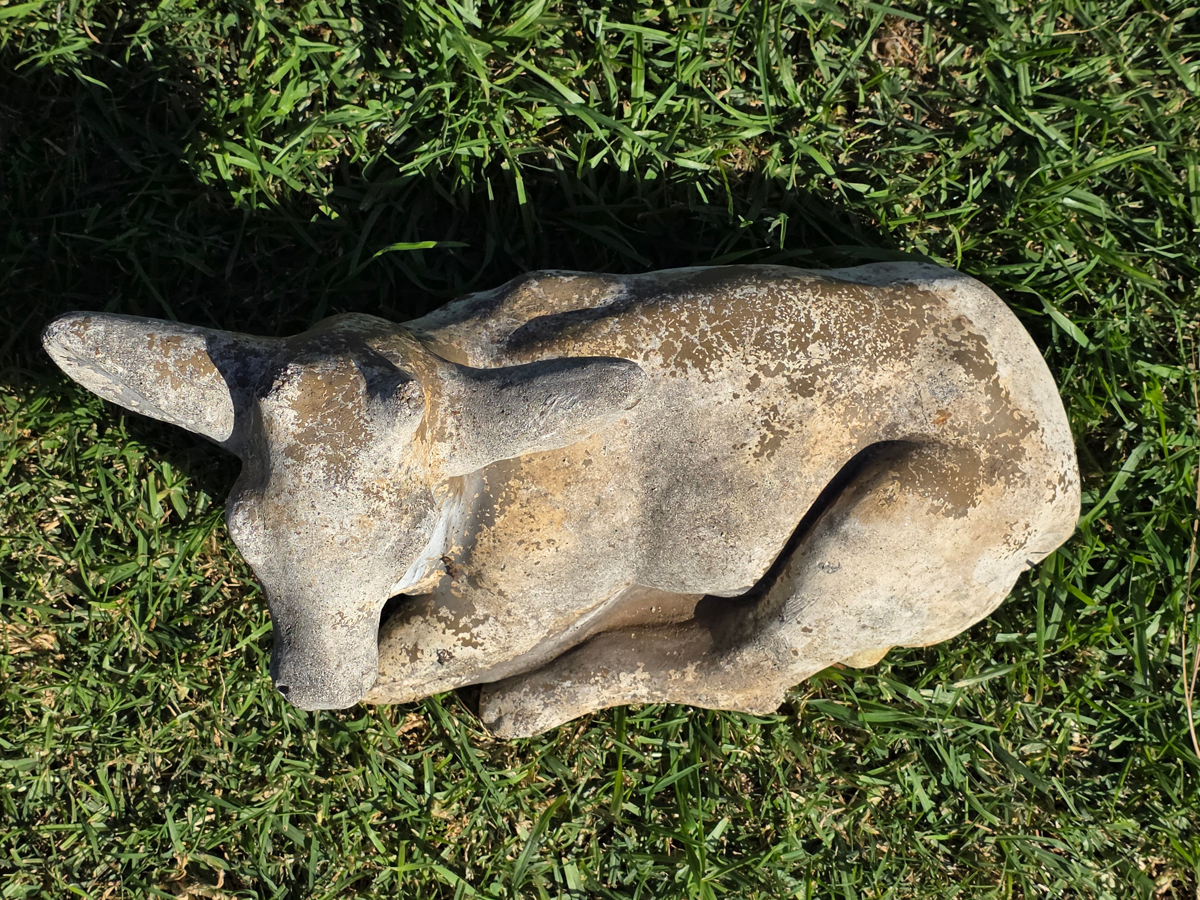 Vintage Concrete Reclining Fawn Deer Garden Statue Ornament 17.5"L