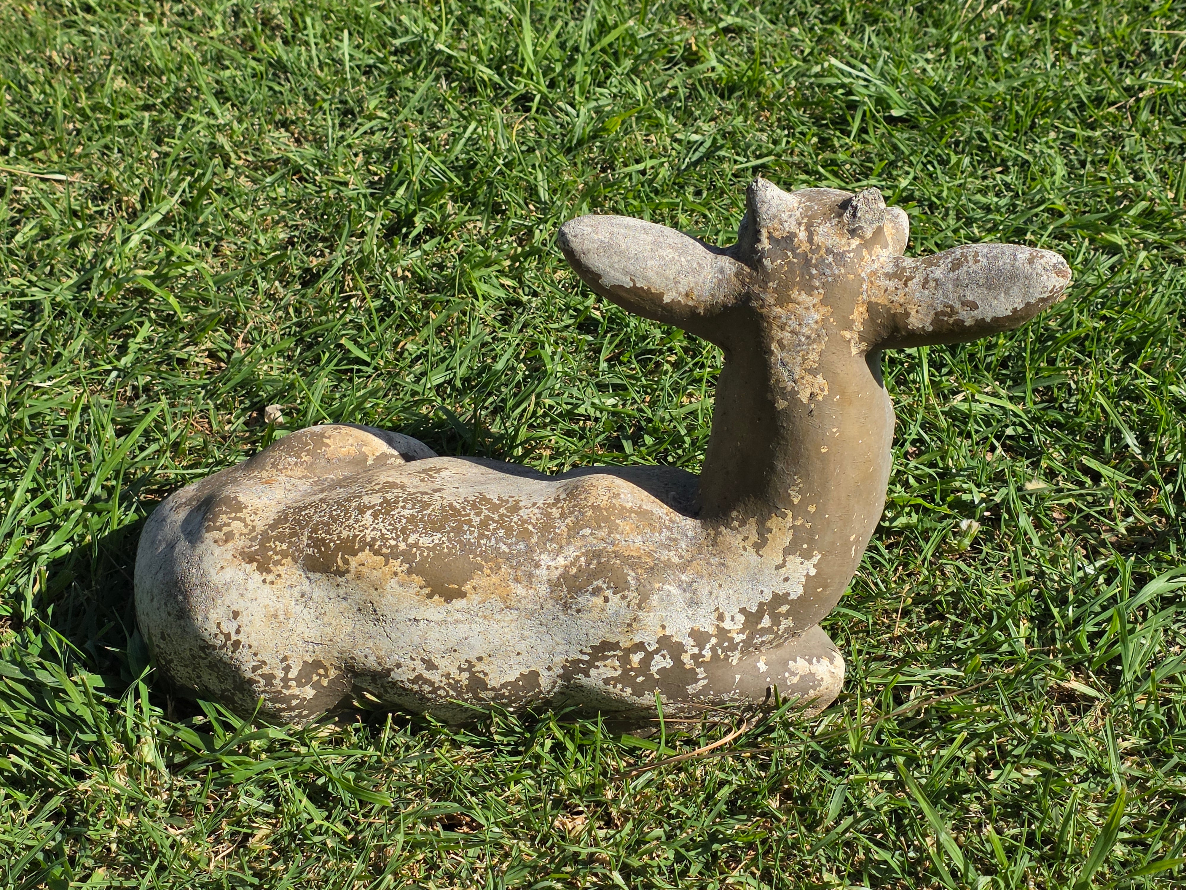 Vintage Concrete Reclining Fawn Deer Garden Statue Ornament 17.5"L