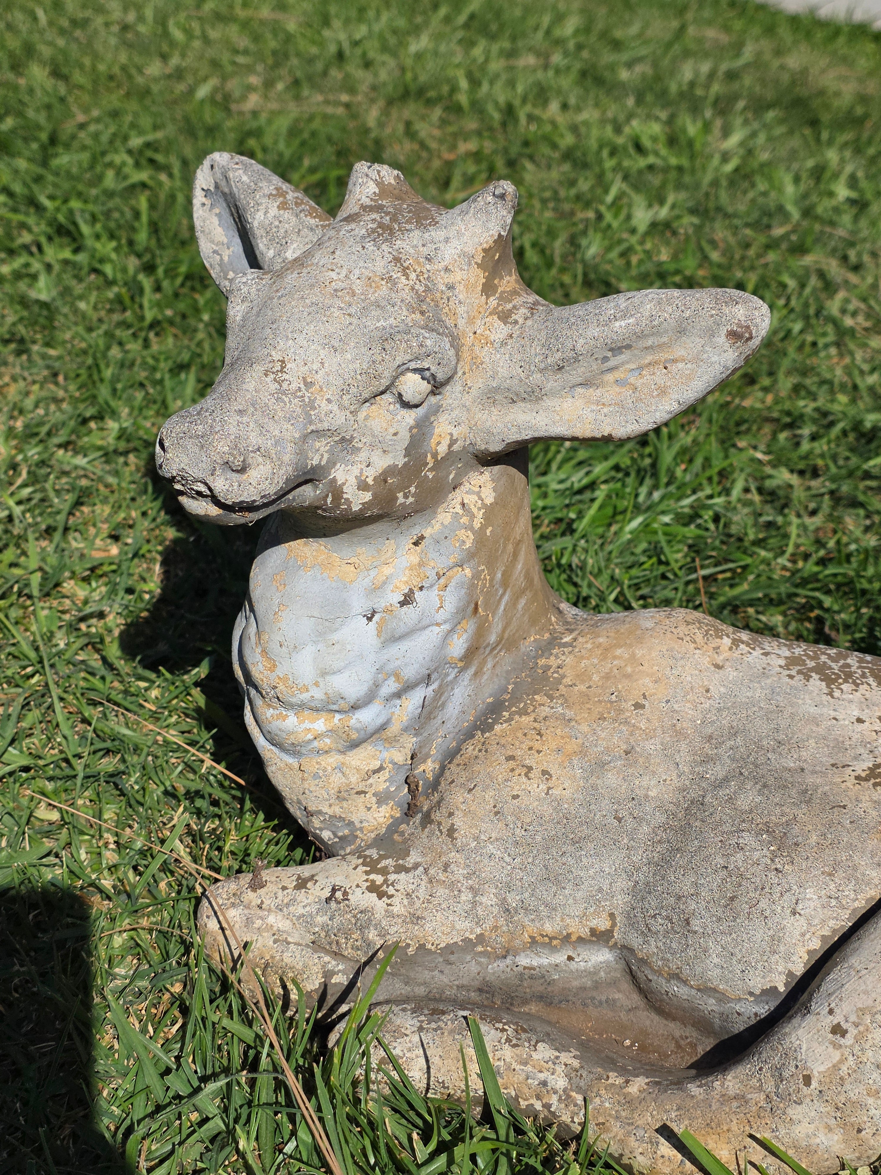 Vintage Concrete Reclining Fawn Deer Garden Statue Ornament 17.5"L