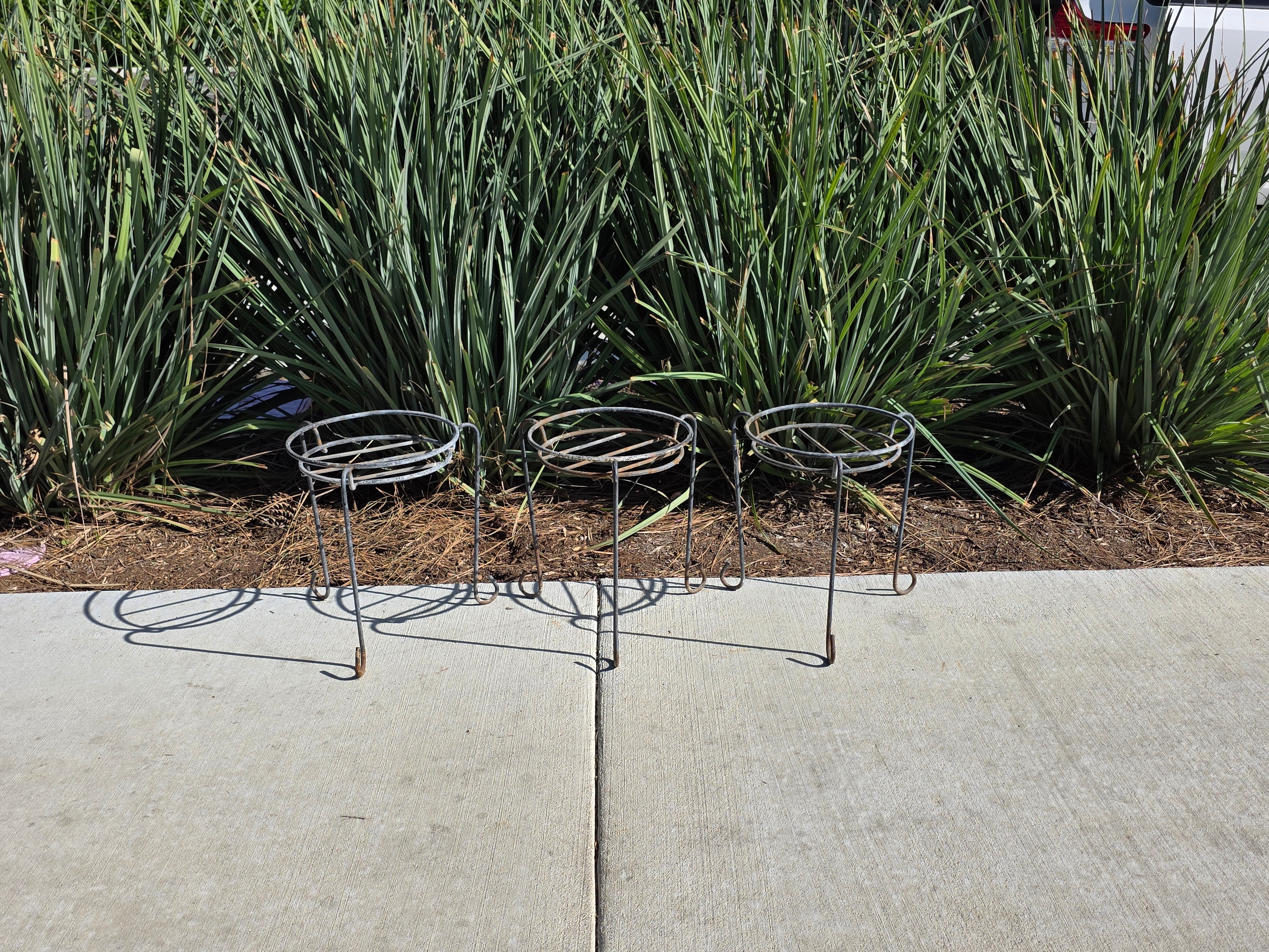 Set of 3 Vintage Wrought Iron Wire Plant Stands with J-Hook Legs - 14"H