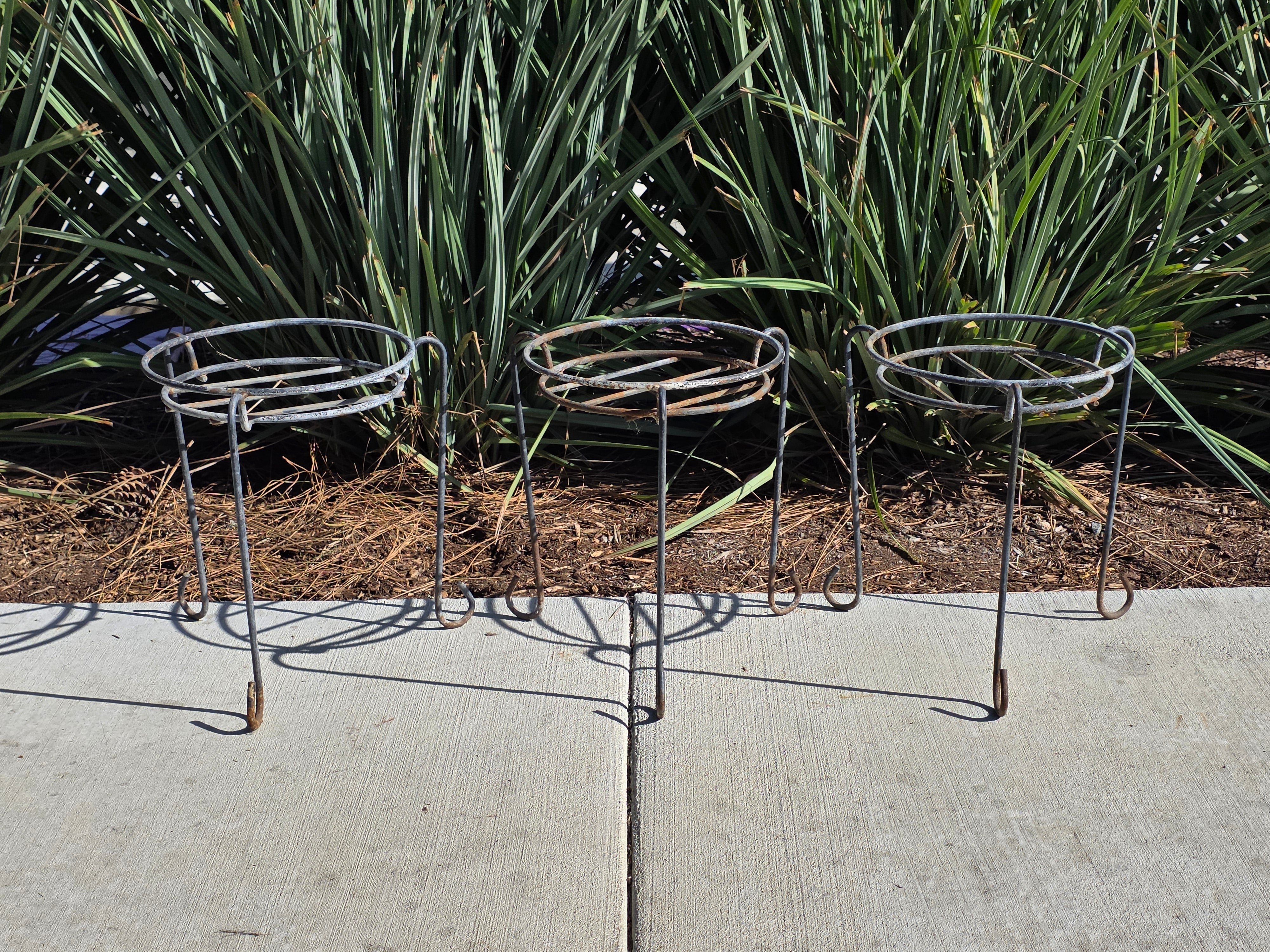 Set of 3 Vintage Wrought Iron Wire Plant Stands with J-Hook Legs - 14"H