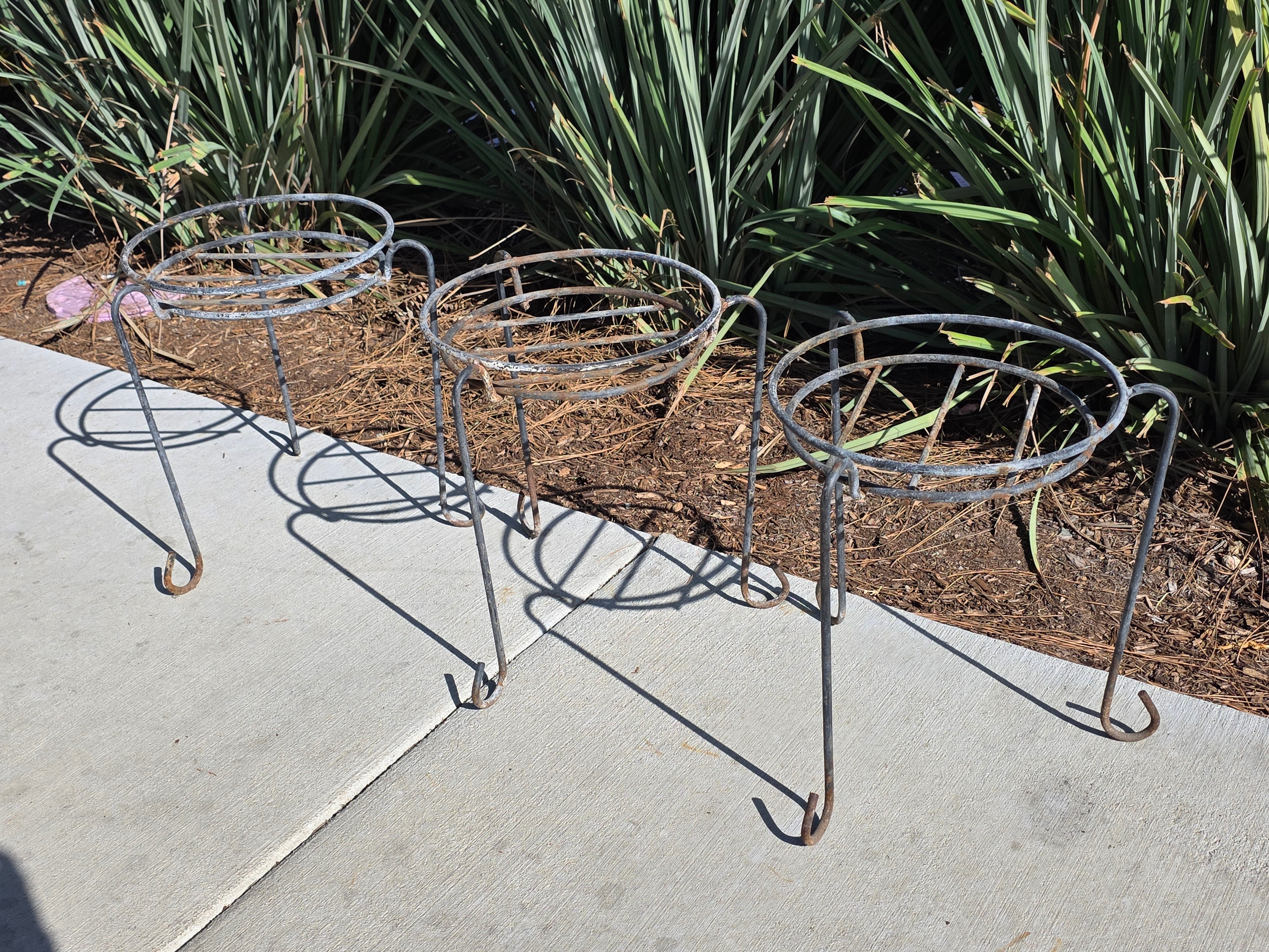 Set of 3 Vintage Wrought Iron Wire Plant Stands with J-Hook Legs - 14"H