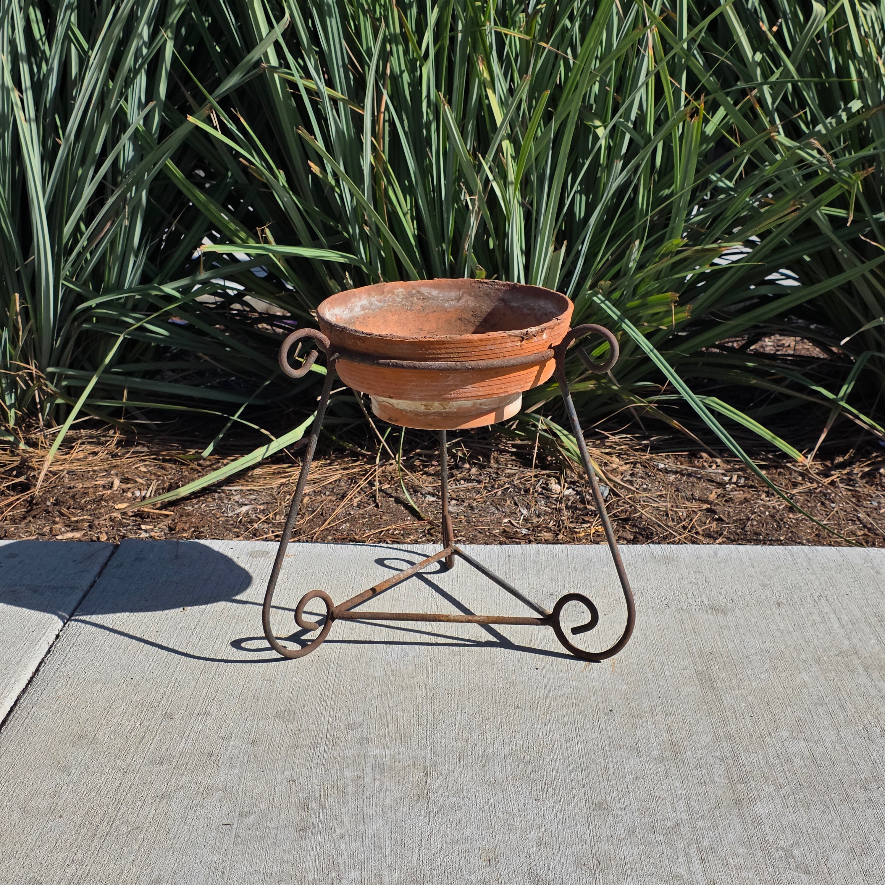 Vintage Wrought Iron Scroll Leg Plant Stand with Terracotta Planter Set