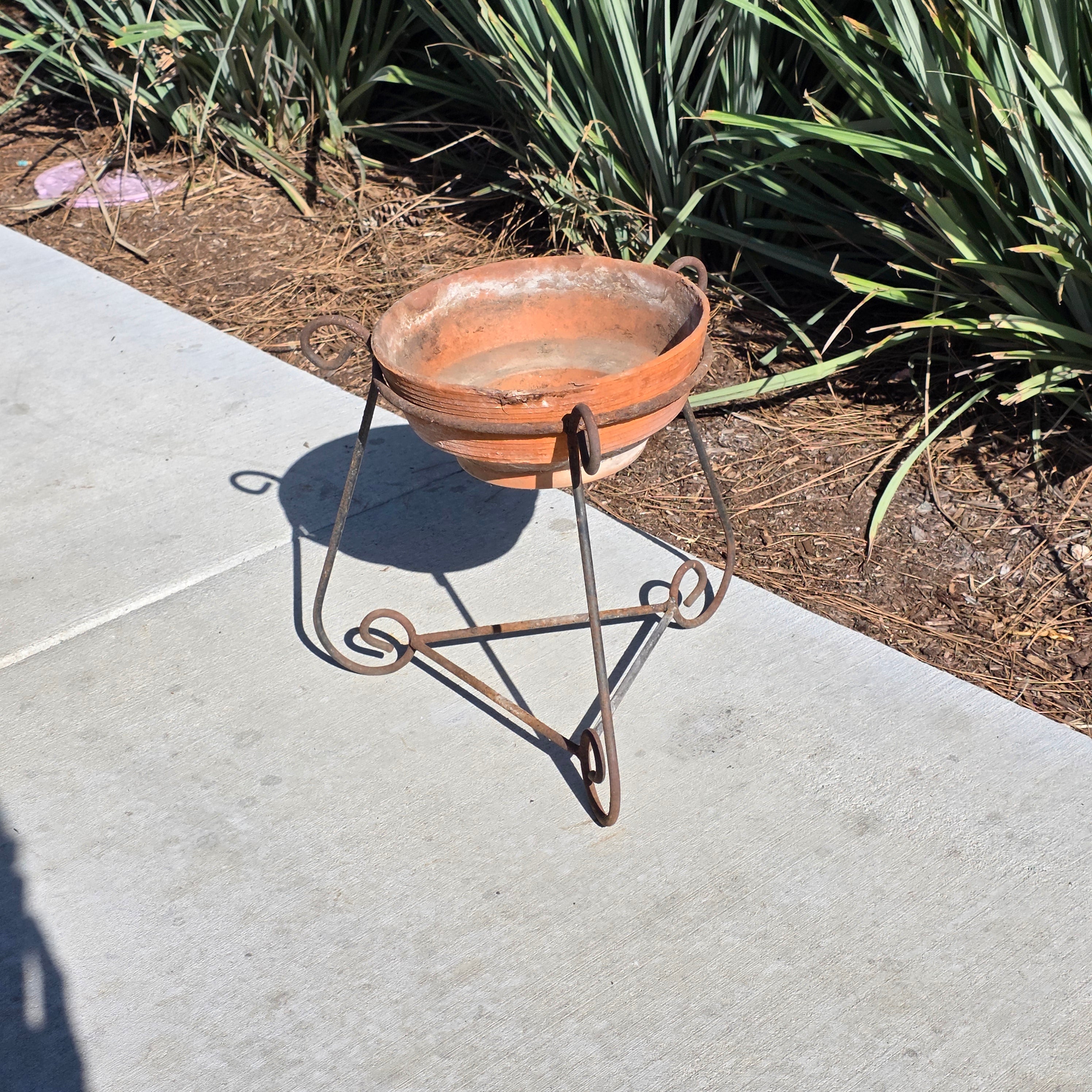Vintage Wrought Iron Scroll Leg Plant Stand with Terracotta Planter Set