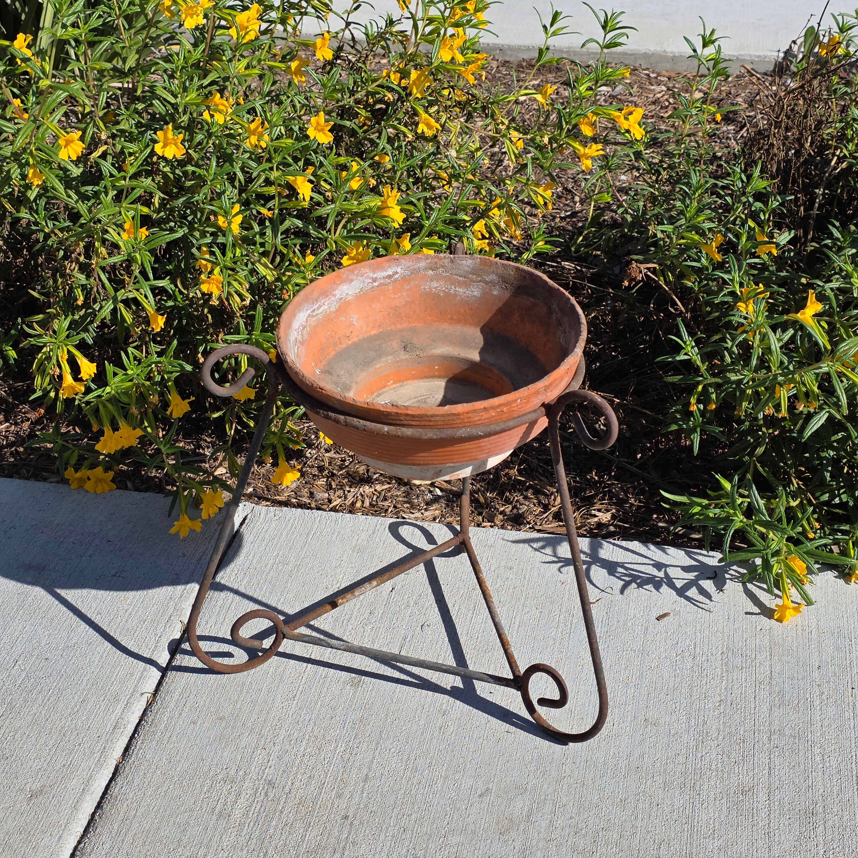 Vintage Wrought Iron Scroll Leg Plant Stand with Terracotta Planter Set