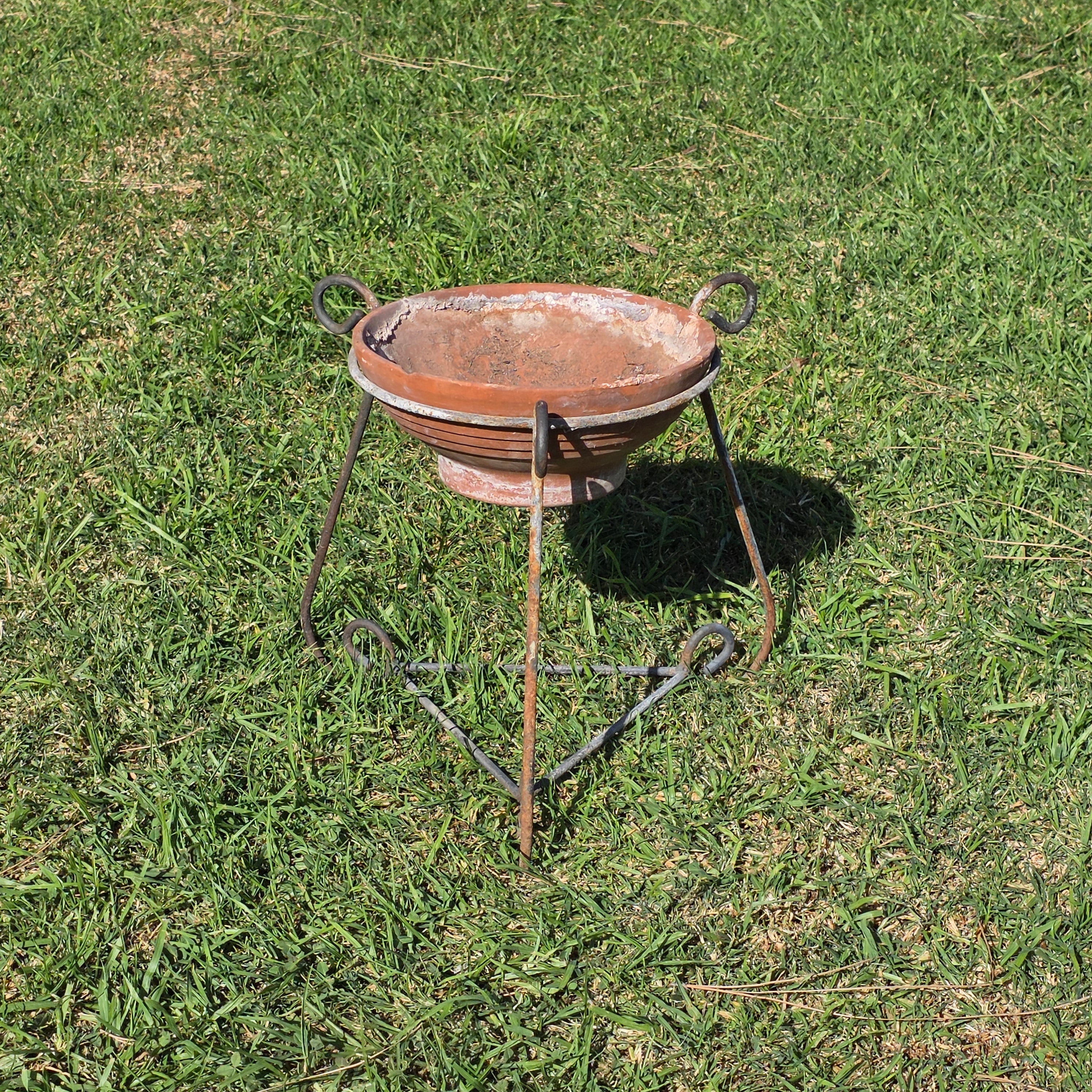 Vintage Wrought Iron Scroll Leg Plant Stand with Terracotta Planter Set