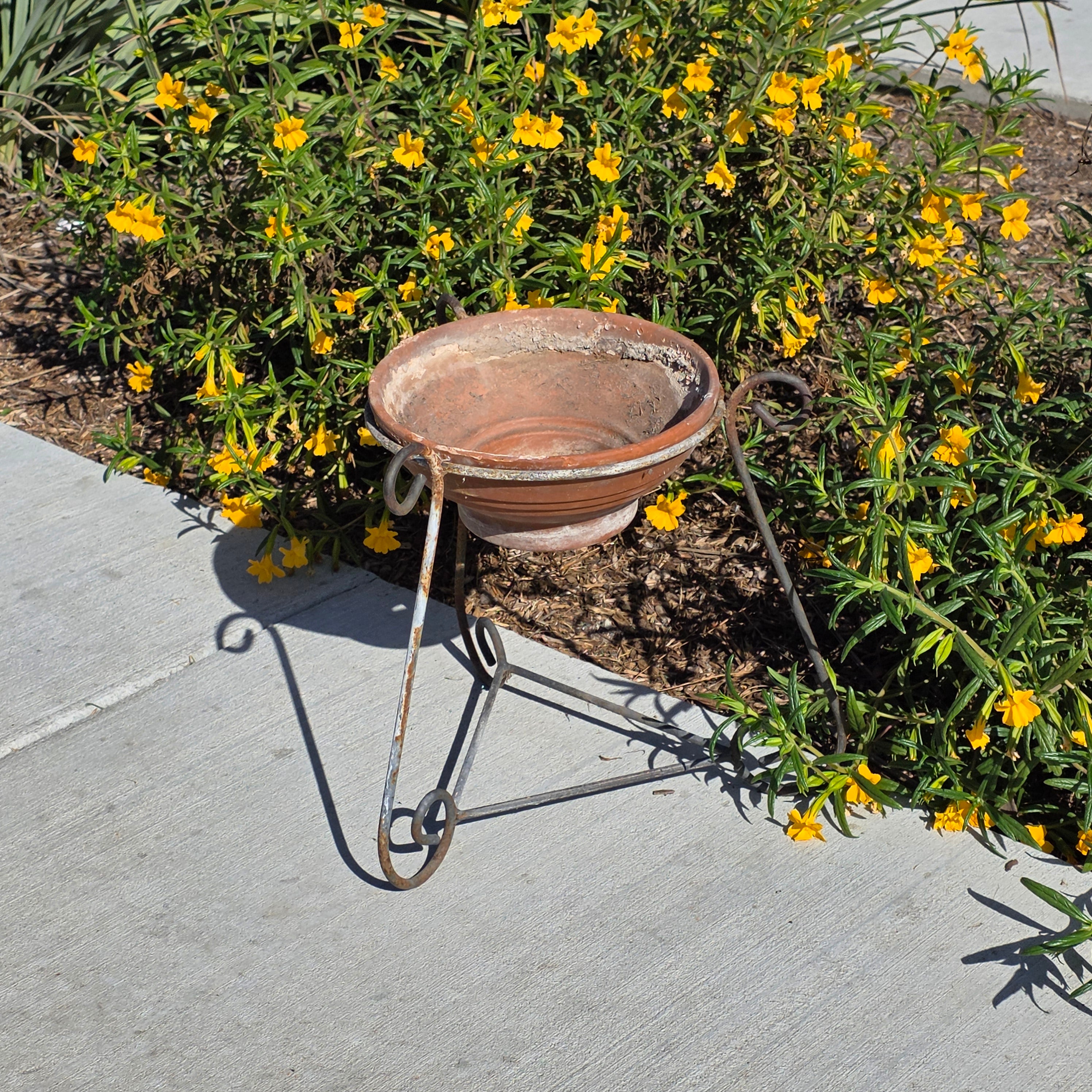 Vintage Wrought Iron Scroll Leg Plant Stand with Terracotta Planter Set