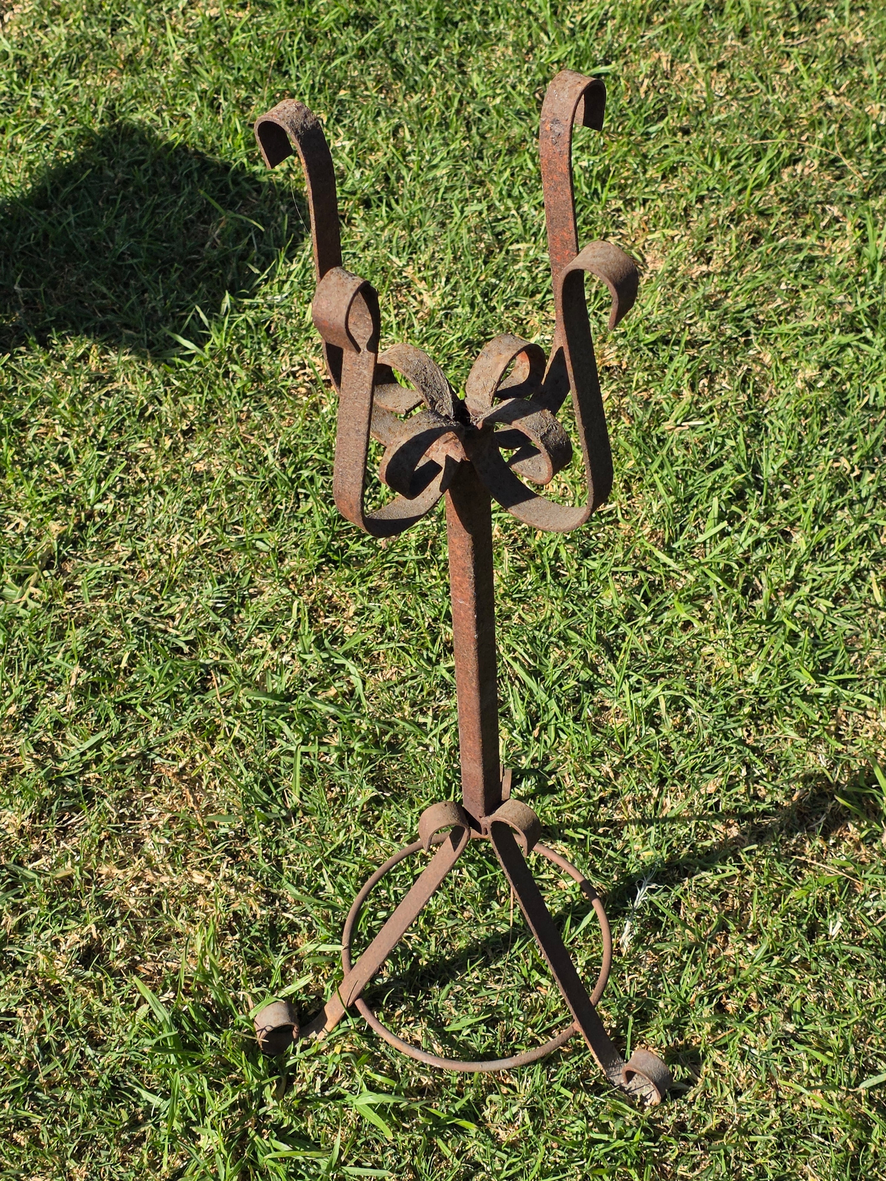 Vintage Wrought Iron Tall Garden Planter Stand with Scroll Legs - 29.5"H