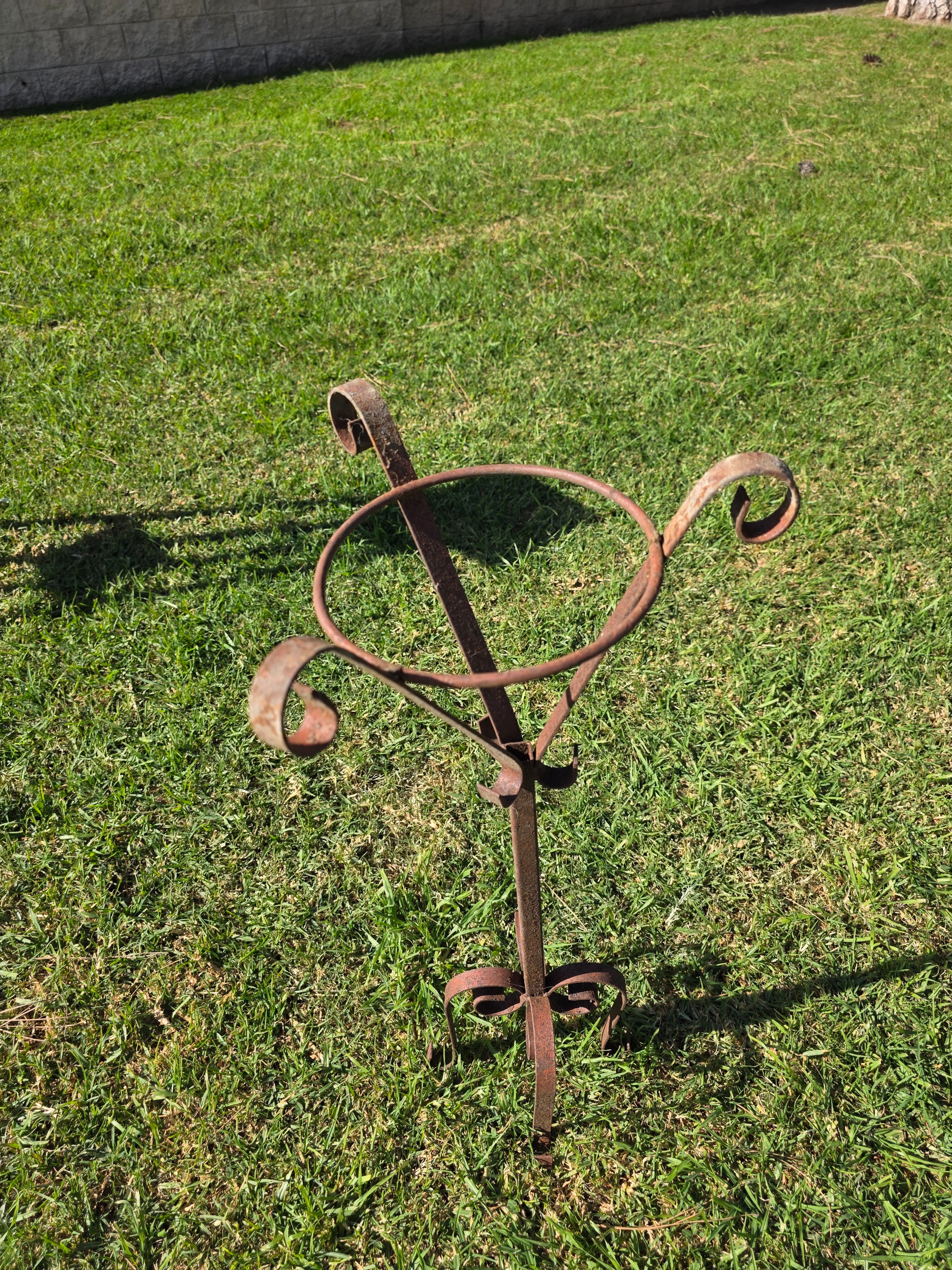 Vintage Wrought Iron Tall Garden Planter Stand with Scroll Legs - 29.5"H