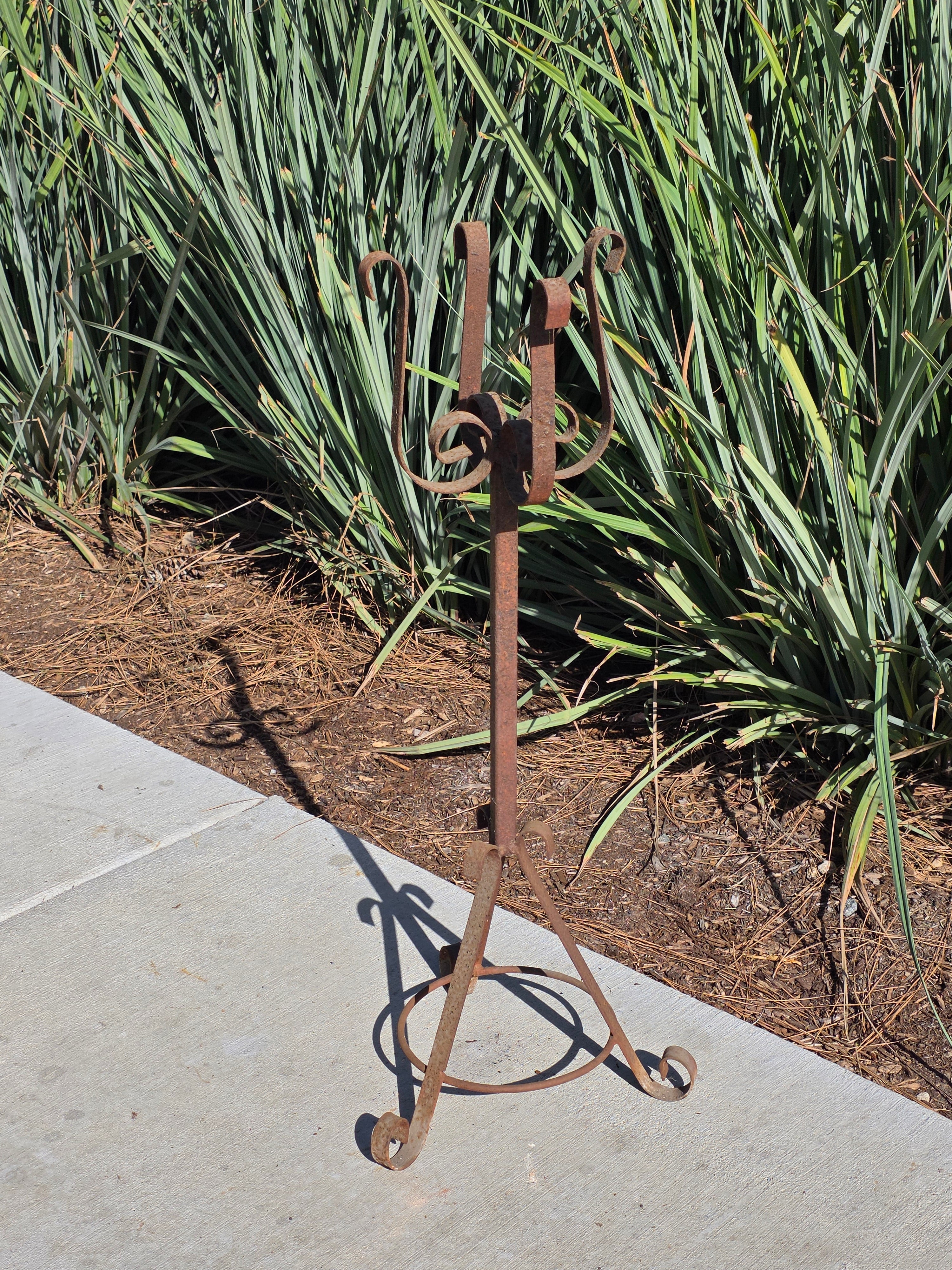 Vintage Wrought Iron Tall Garden Planter Stand with Scroll Legs - 29.5"H