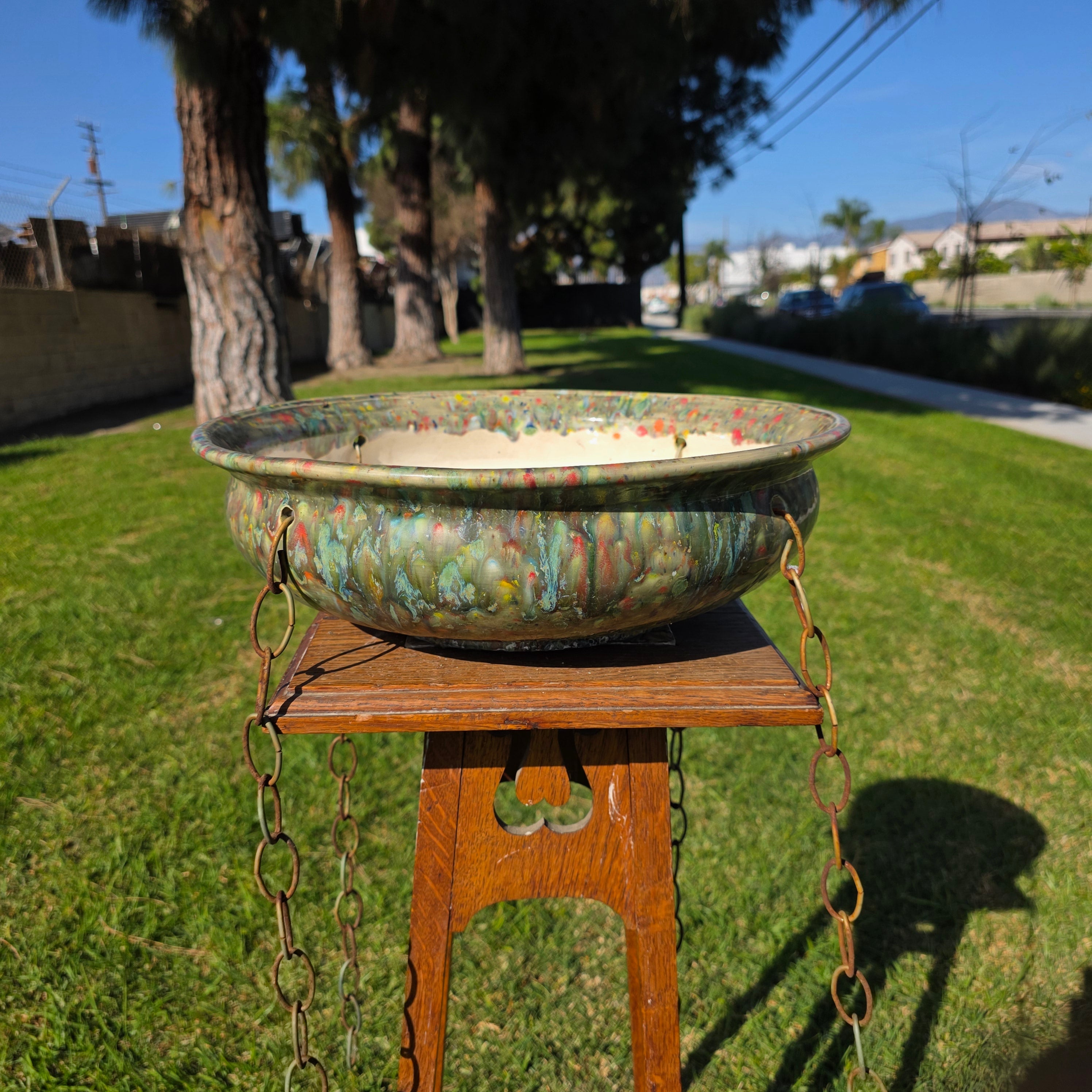 Vintage Studio Art Pottery 15" Multi-Color Drip Glaze Hanging Planter