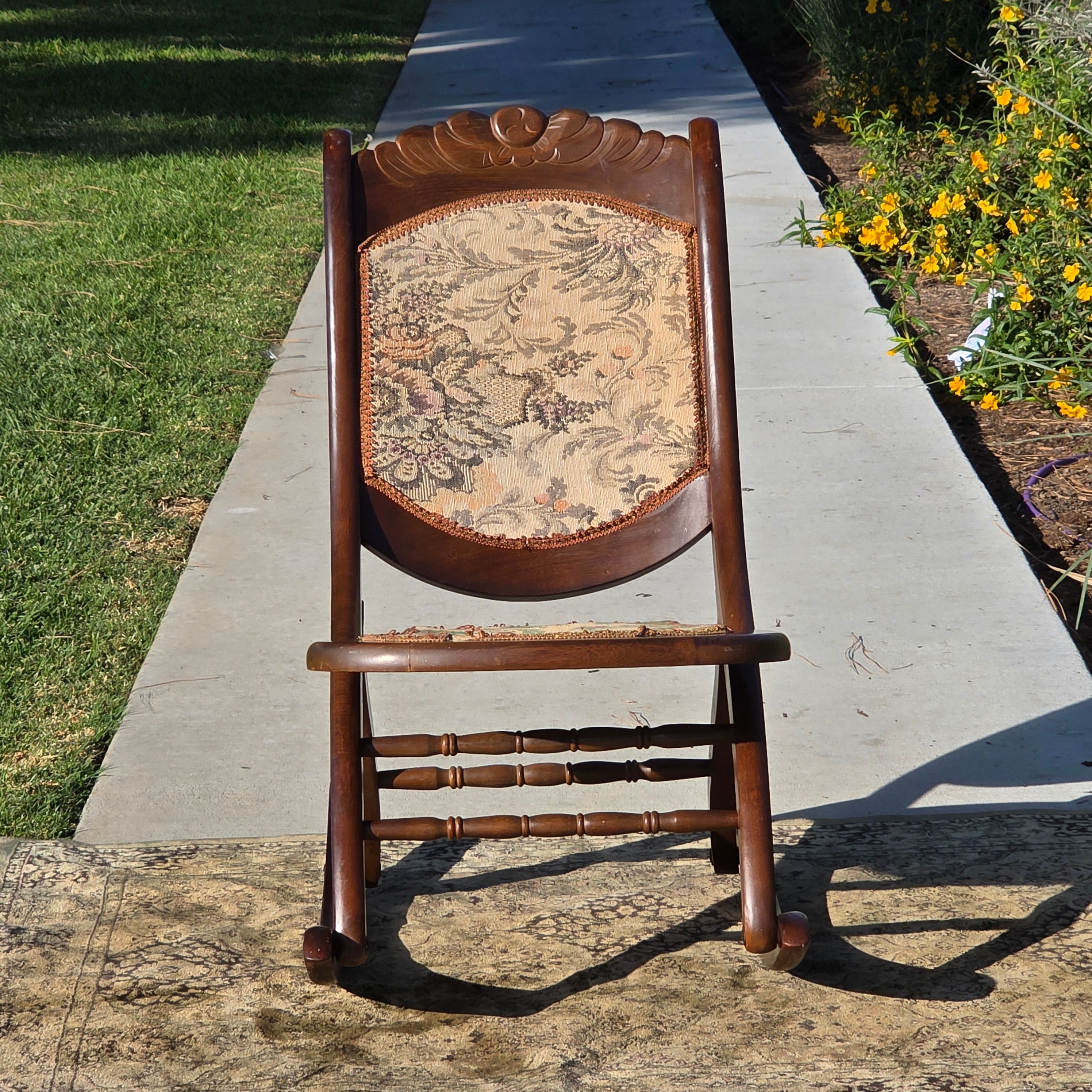 Vintage Carved Wood Folding Rocking Chair with Floral Tapestry Upholstery