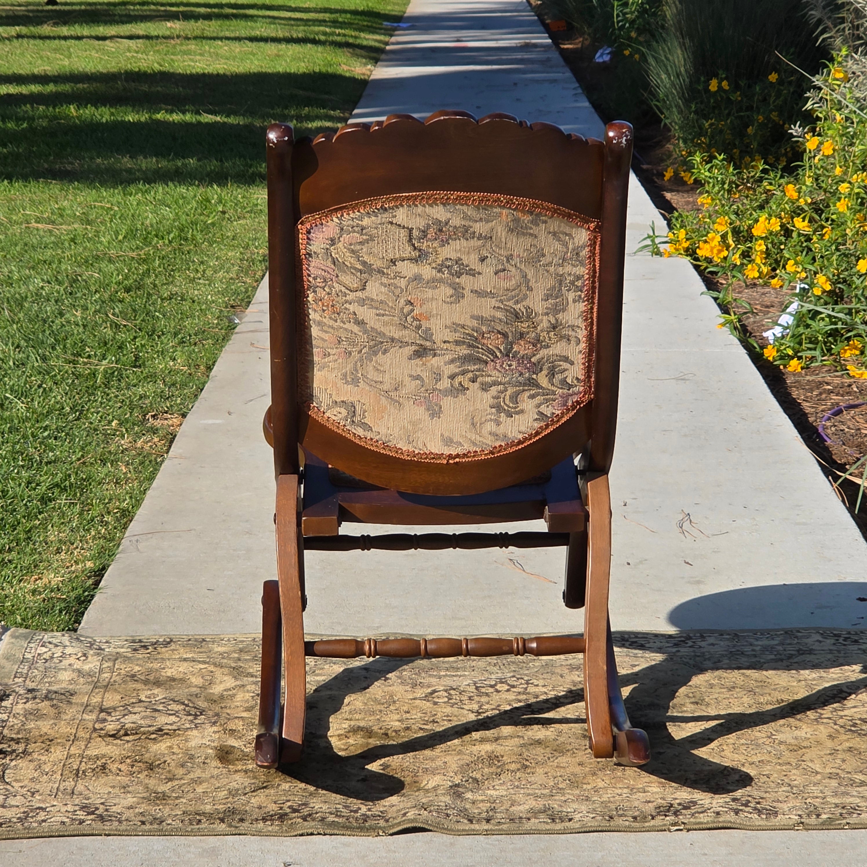 Vintage Carved Wood Folding Rocking Chair with Floral Tapestry Upholstery