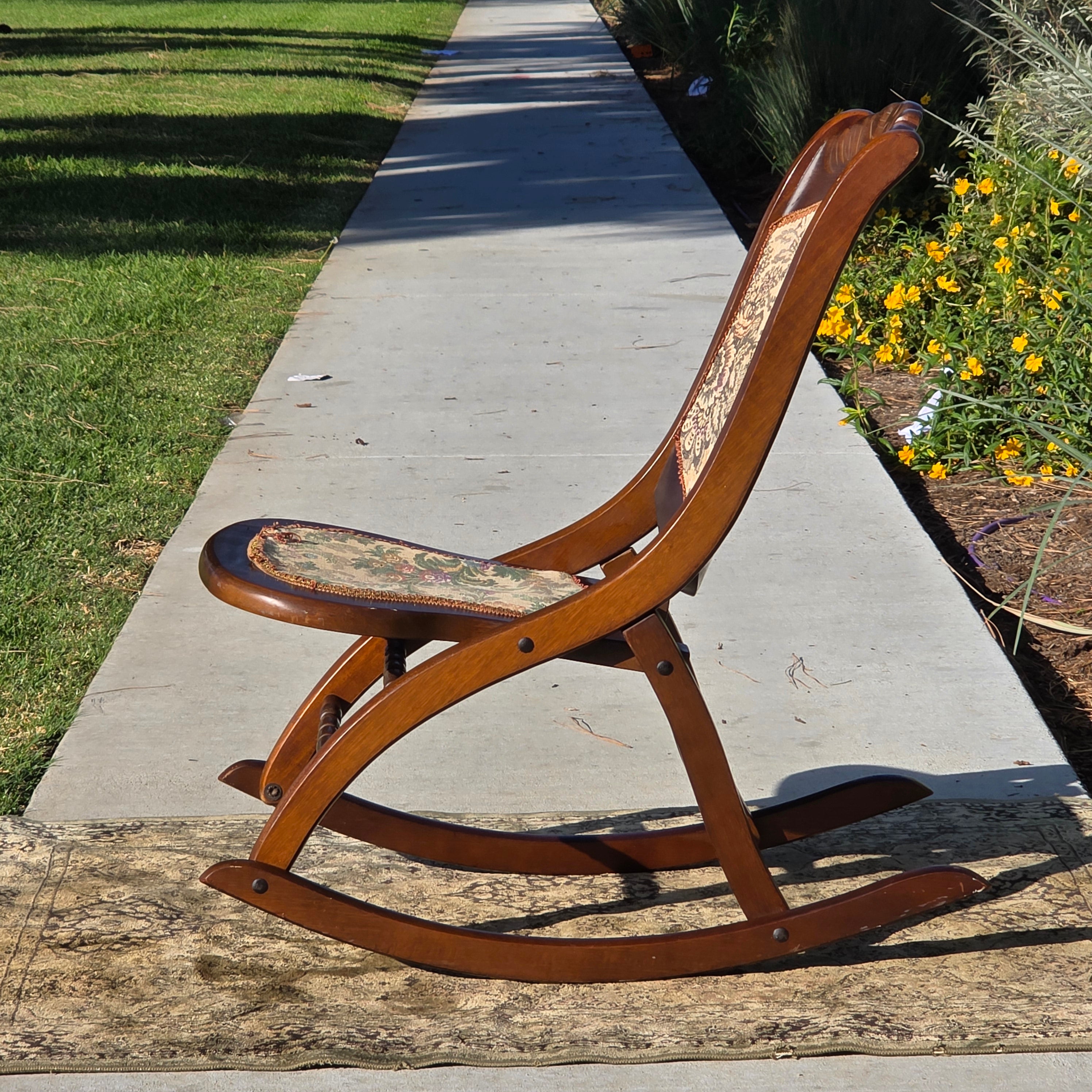 Vintage Carved Wood Folding Rocking Chair with Floral Tapestry Upholstery