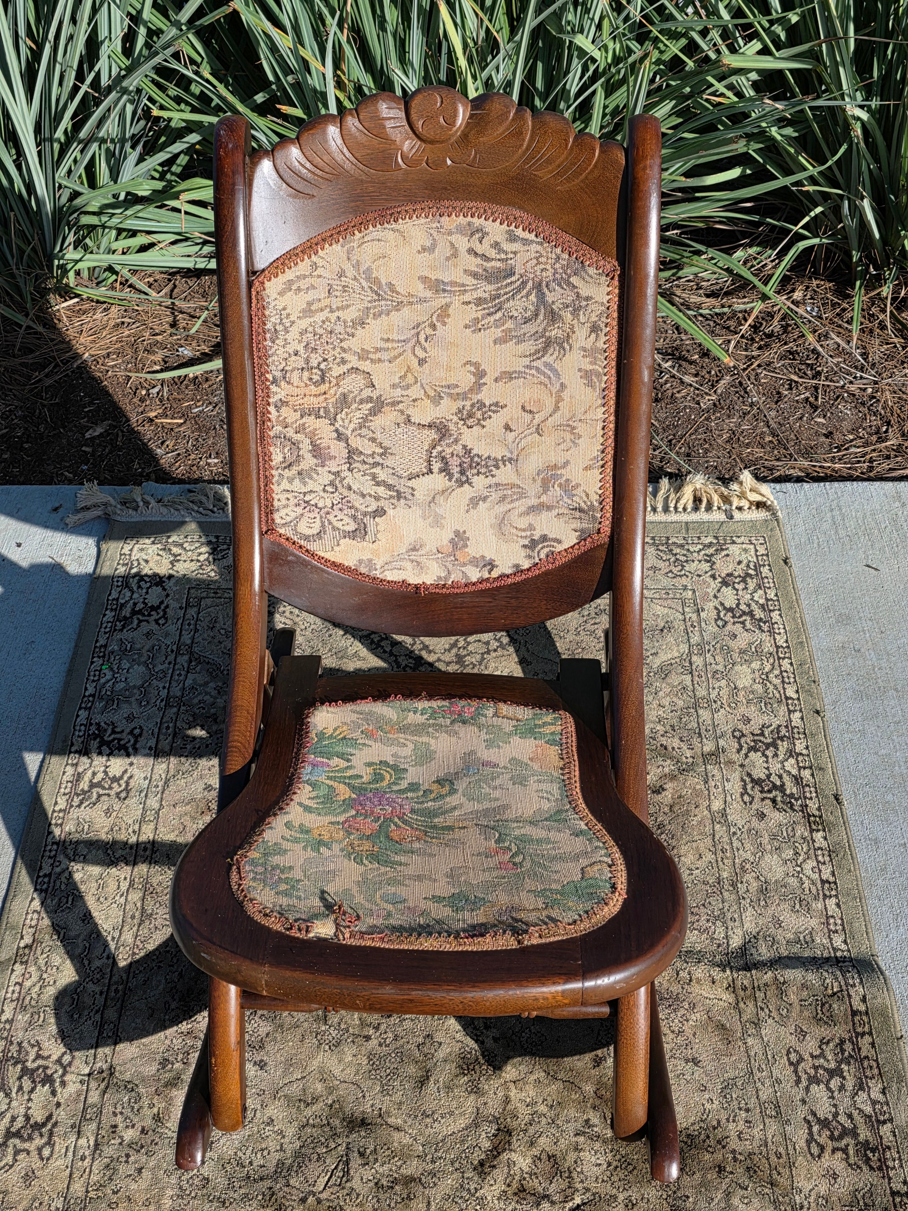 Vintage Carved Wood Folding Rocking Chair with Floral Tapestry Upholstery