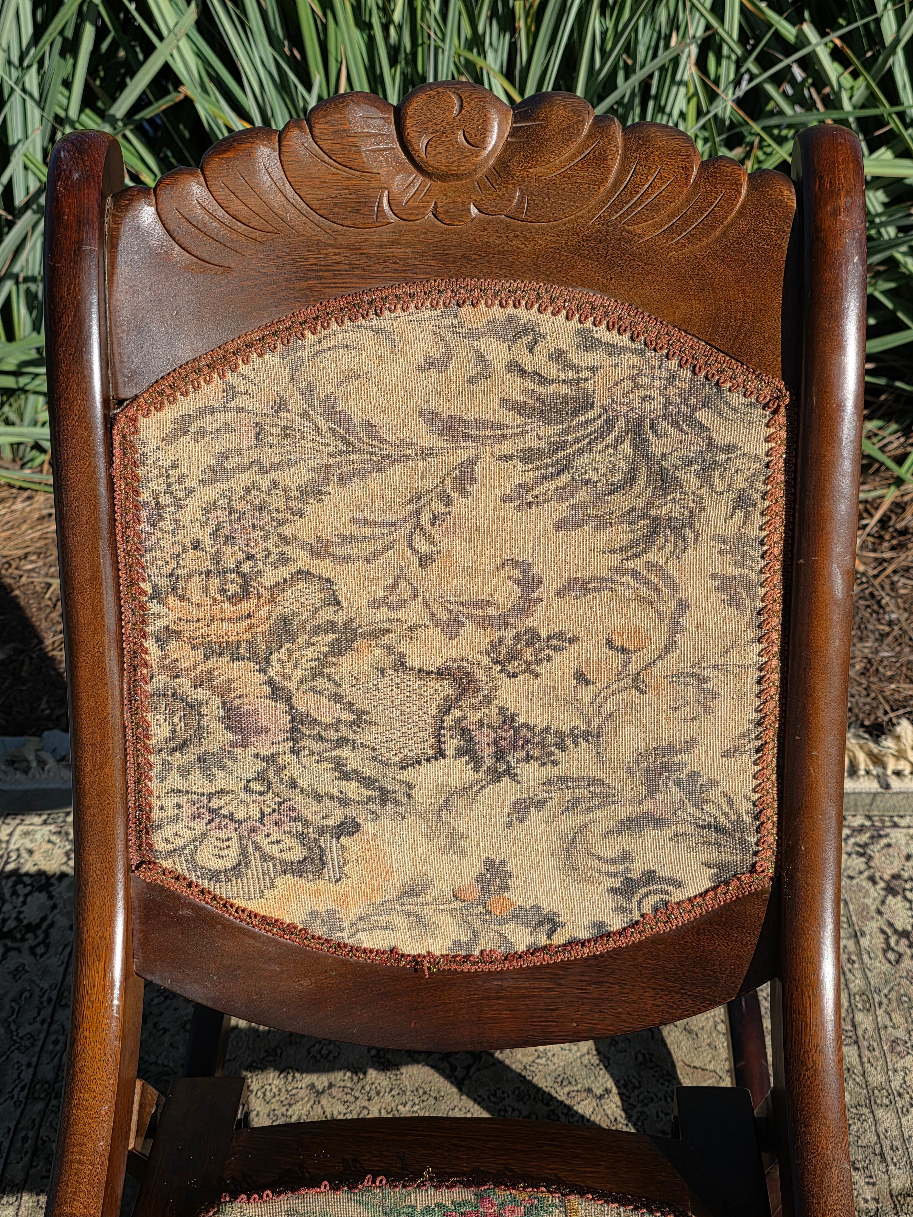Vintage Carved Wood Folding Rocking Chair with Floral Tapestry Upholstery