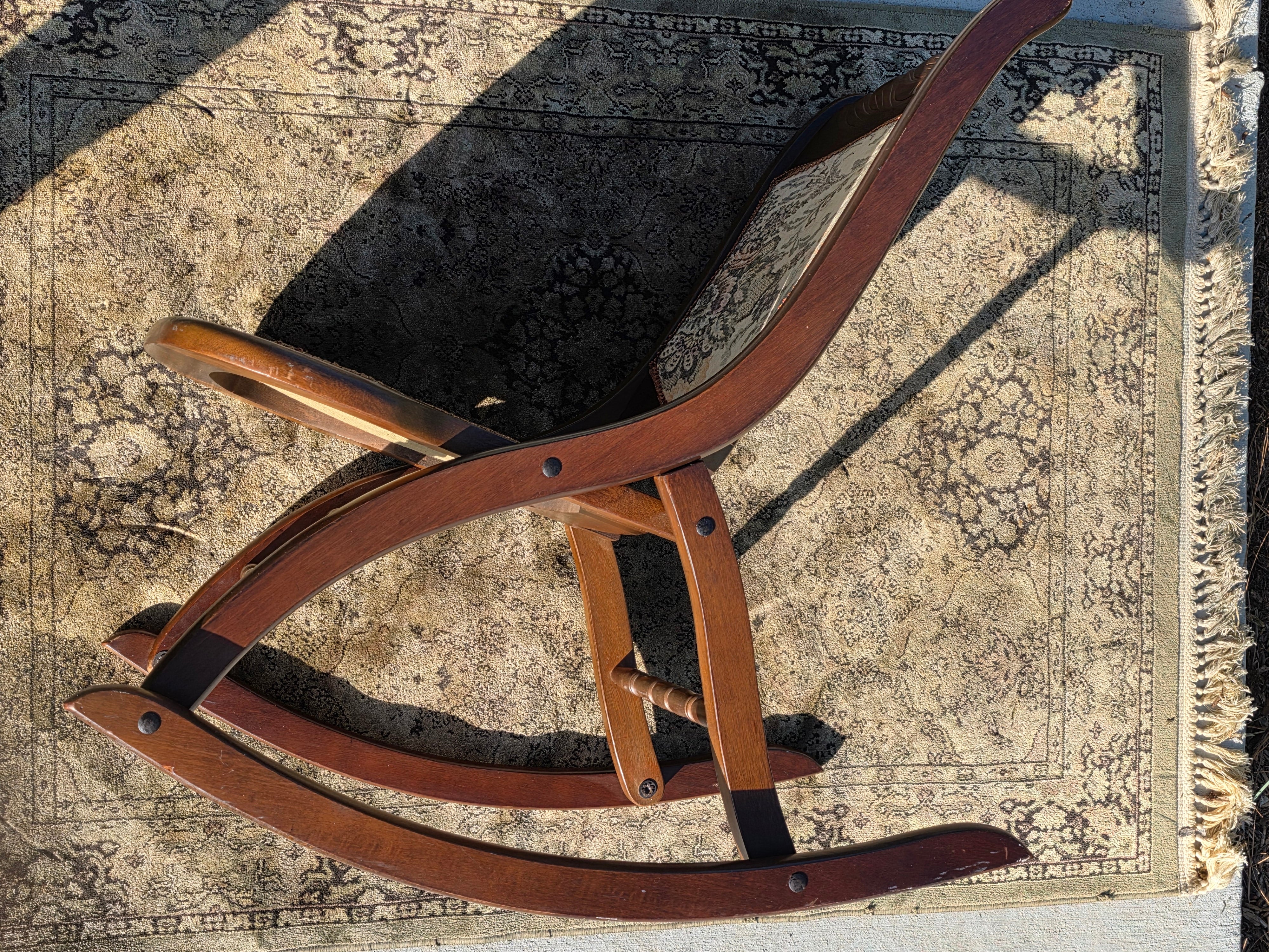 Vintage Carved Wood Folding Rocking Chair with Floral Tapestry Upholstery