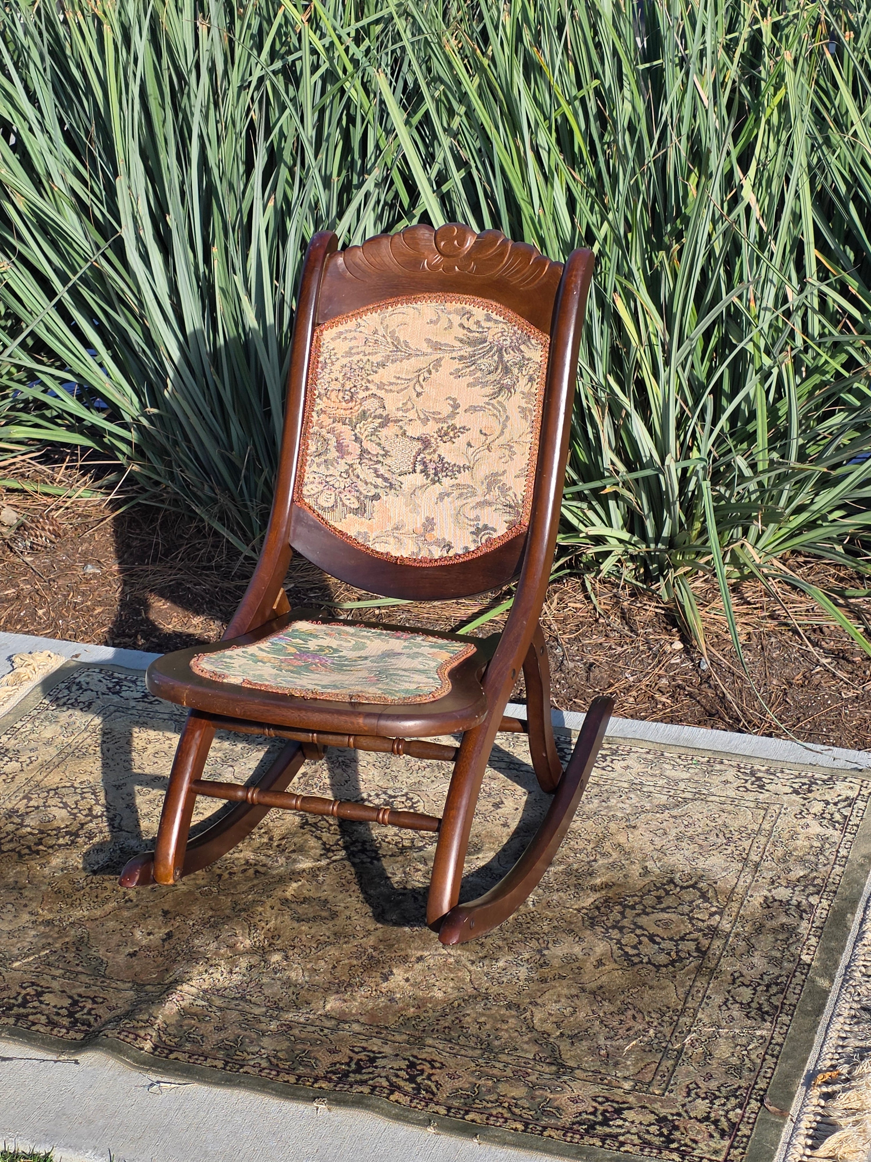 Vintage Carved Wood Folding Rocking Chair with Floral Tapestry Upholstery