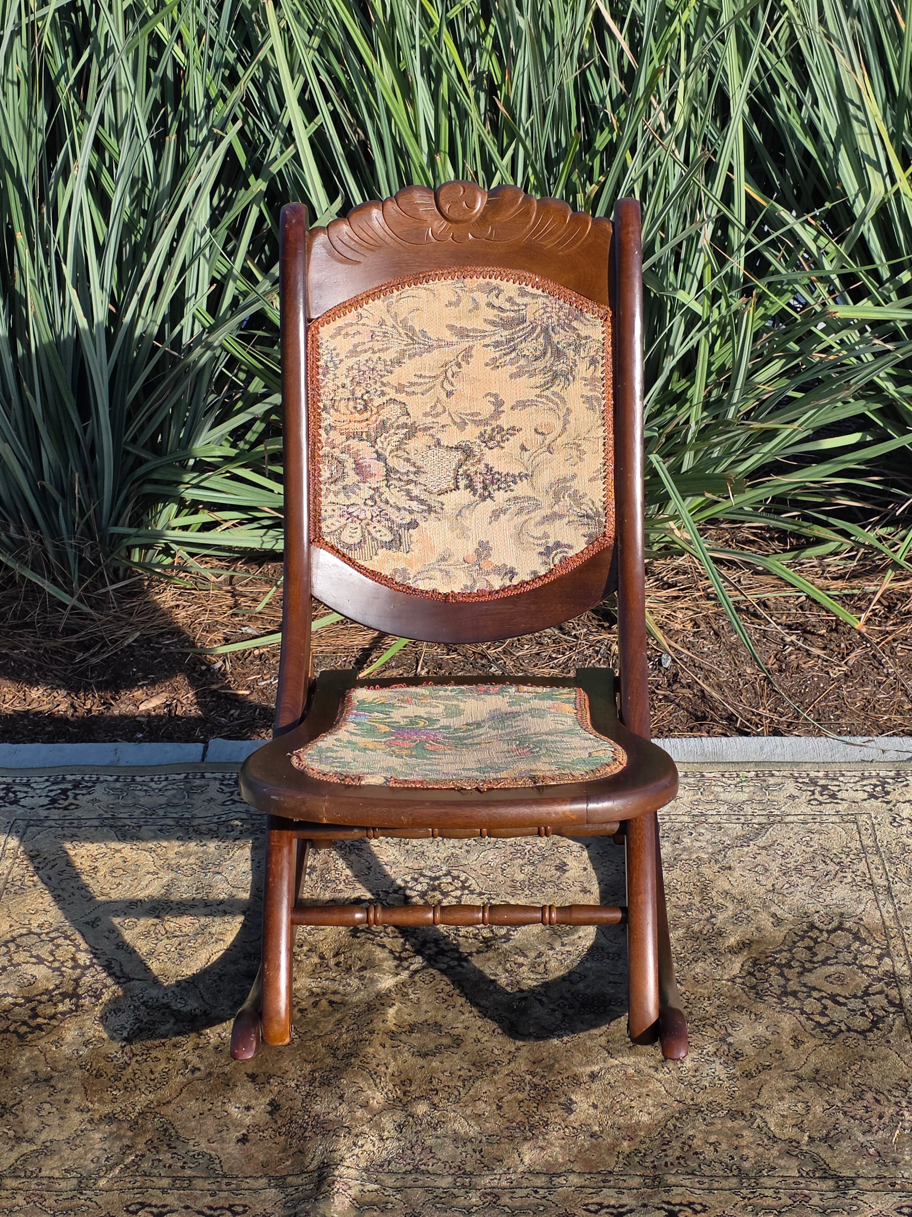 Vintage Carved Wood Folding Rocking Chair with Floral Tapestry Upholstery