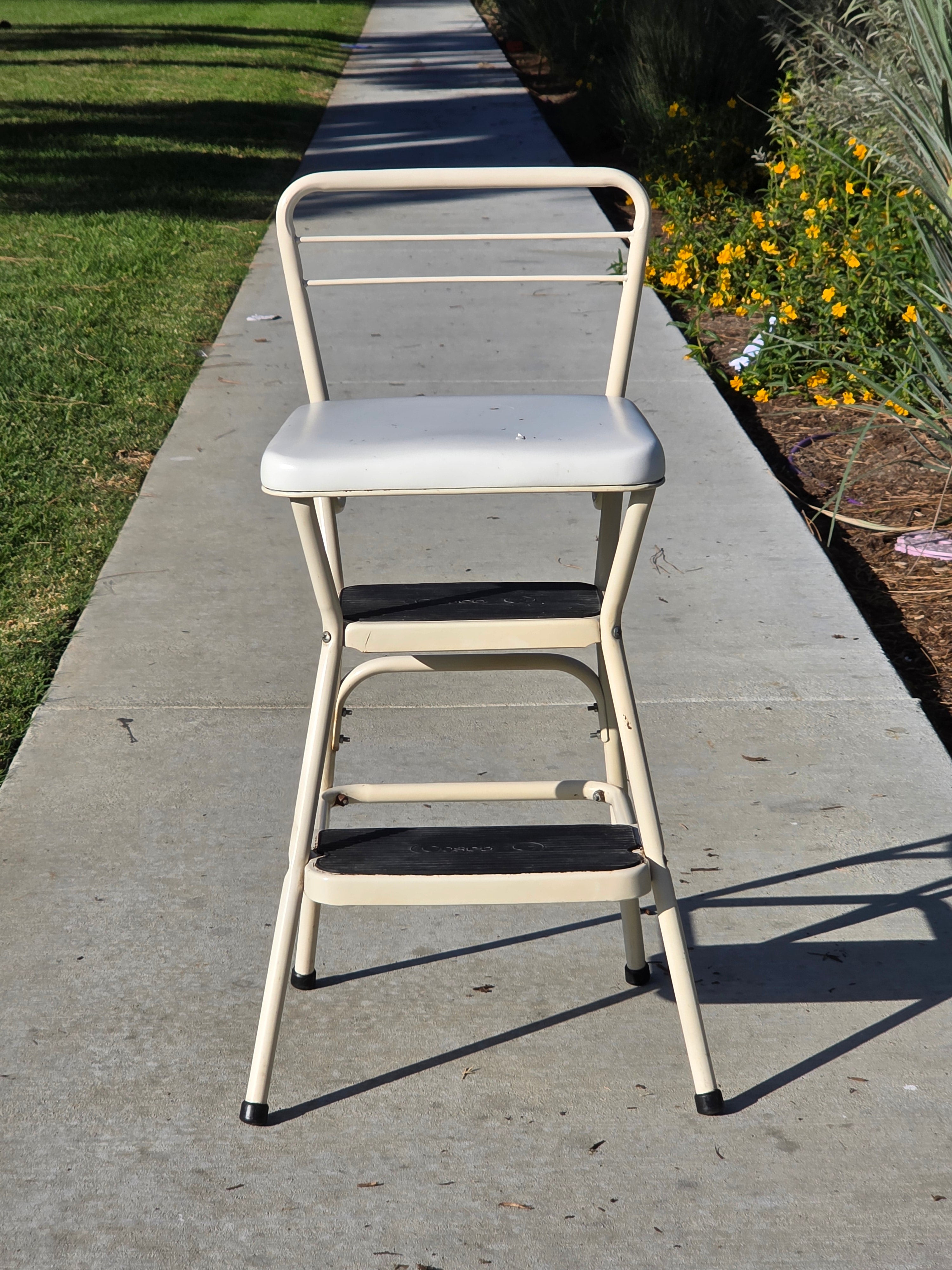 Vintage Cosco Kitchen Step Stool Chair with Lift-Up Seat Cream White