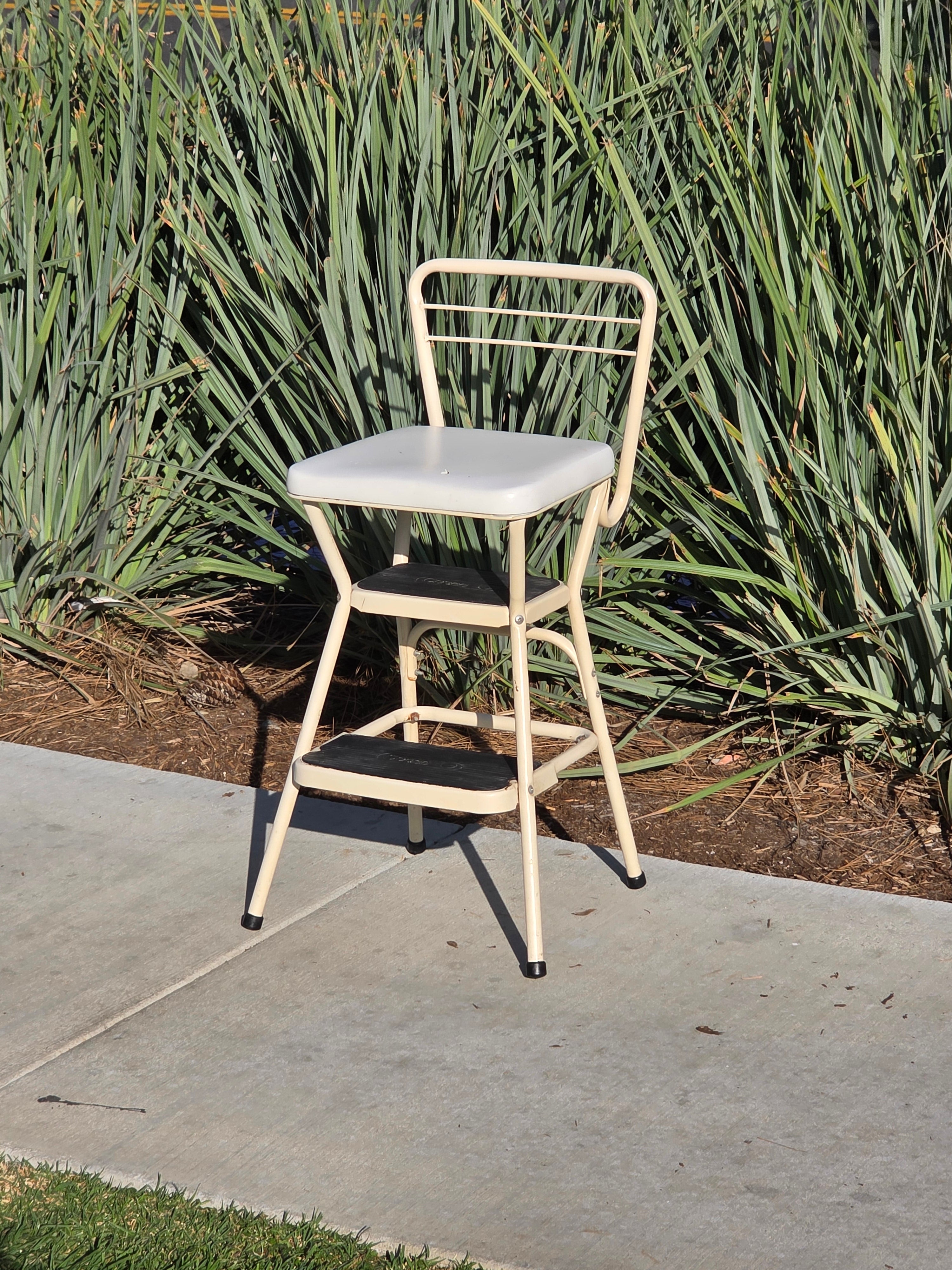 Vintage Cosco Kitchen Step Stool Chair with Lift-Up Seat Cream White