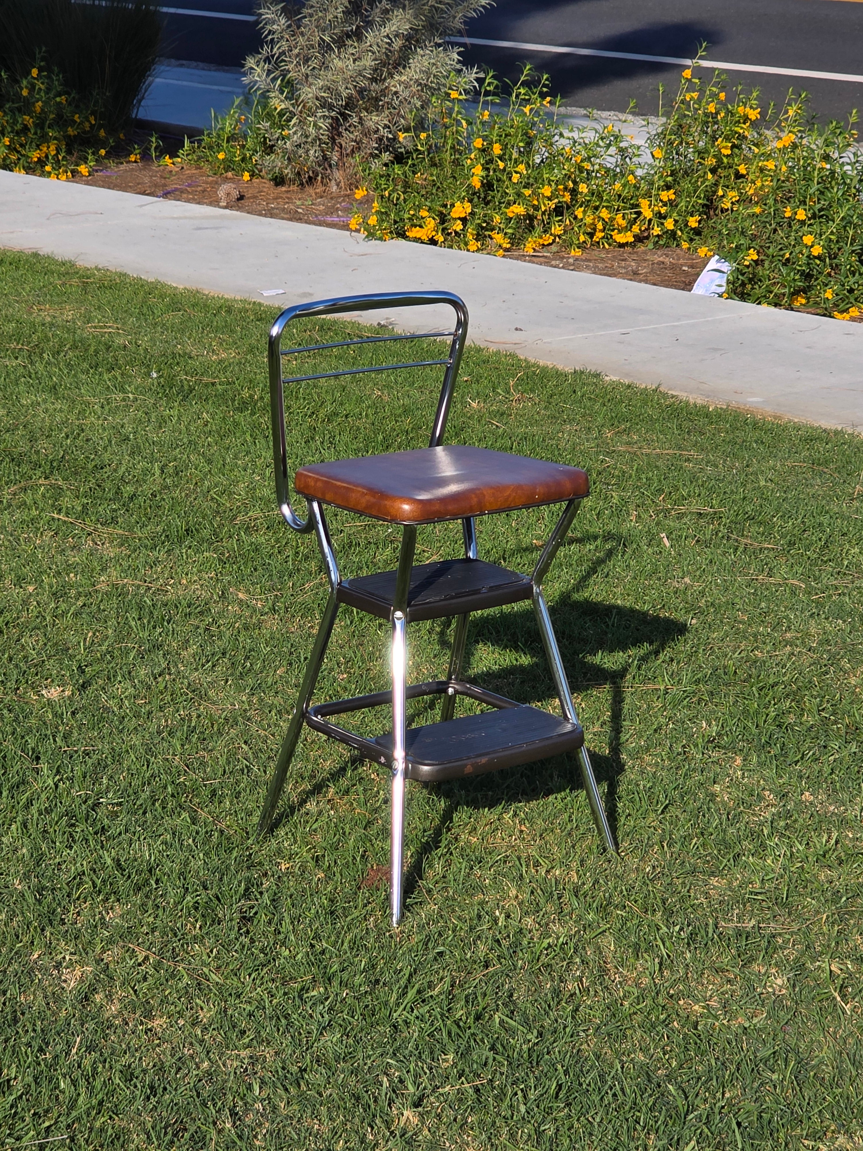 Vintage Cosco Kitchen Step Stool Chair with Lift-Up Seat Chrome & Brown