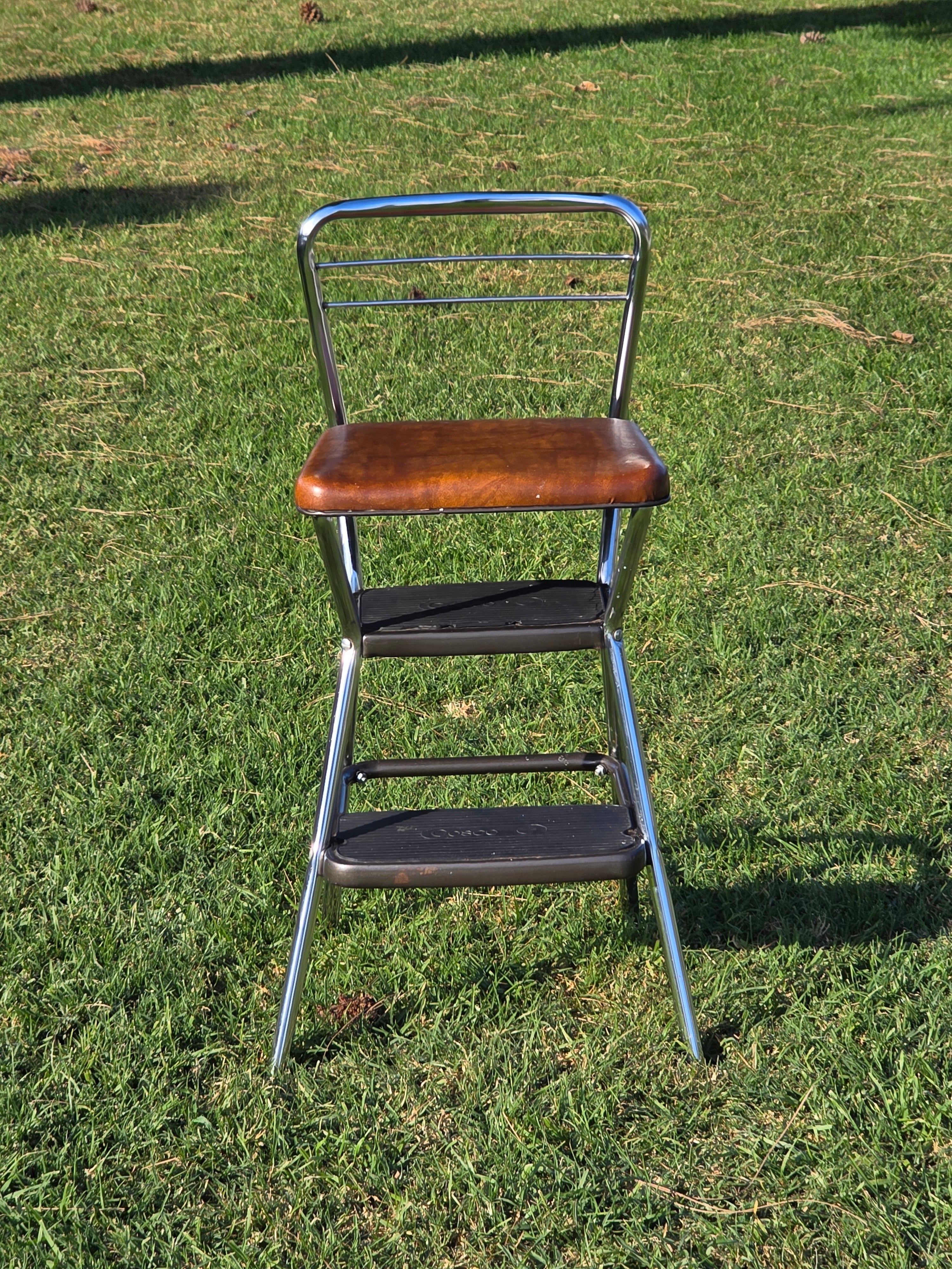 Vintage Cosco Kitchen Step Stool Chair with Lift-Up Seat Chrome & Brown