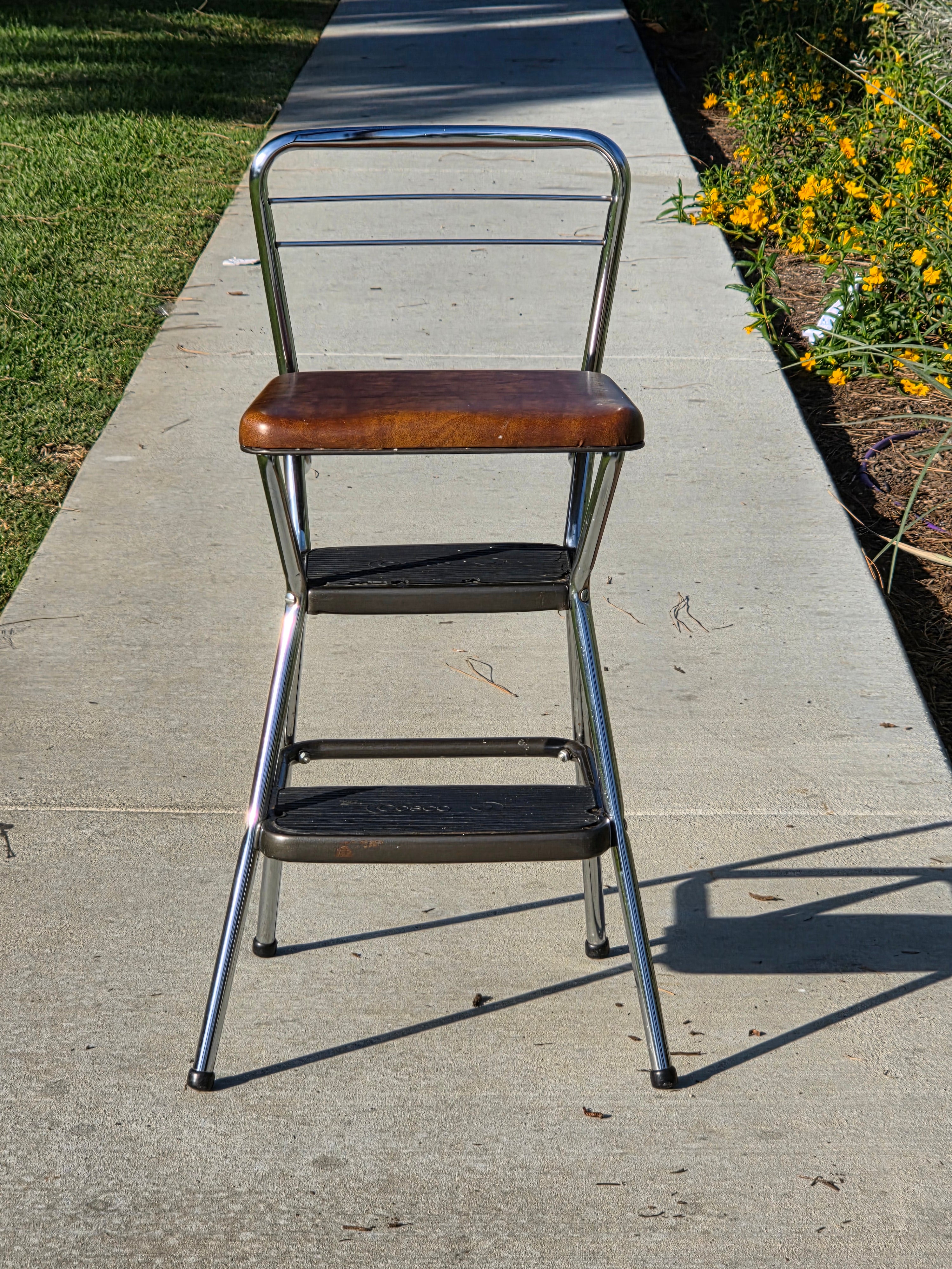 Vintage Cosco Kitchen Step Stool Chair with Lift-Up Seat Chrome & Brown