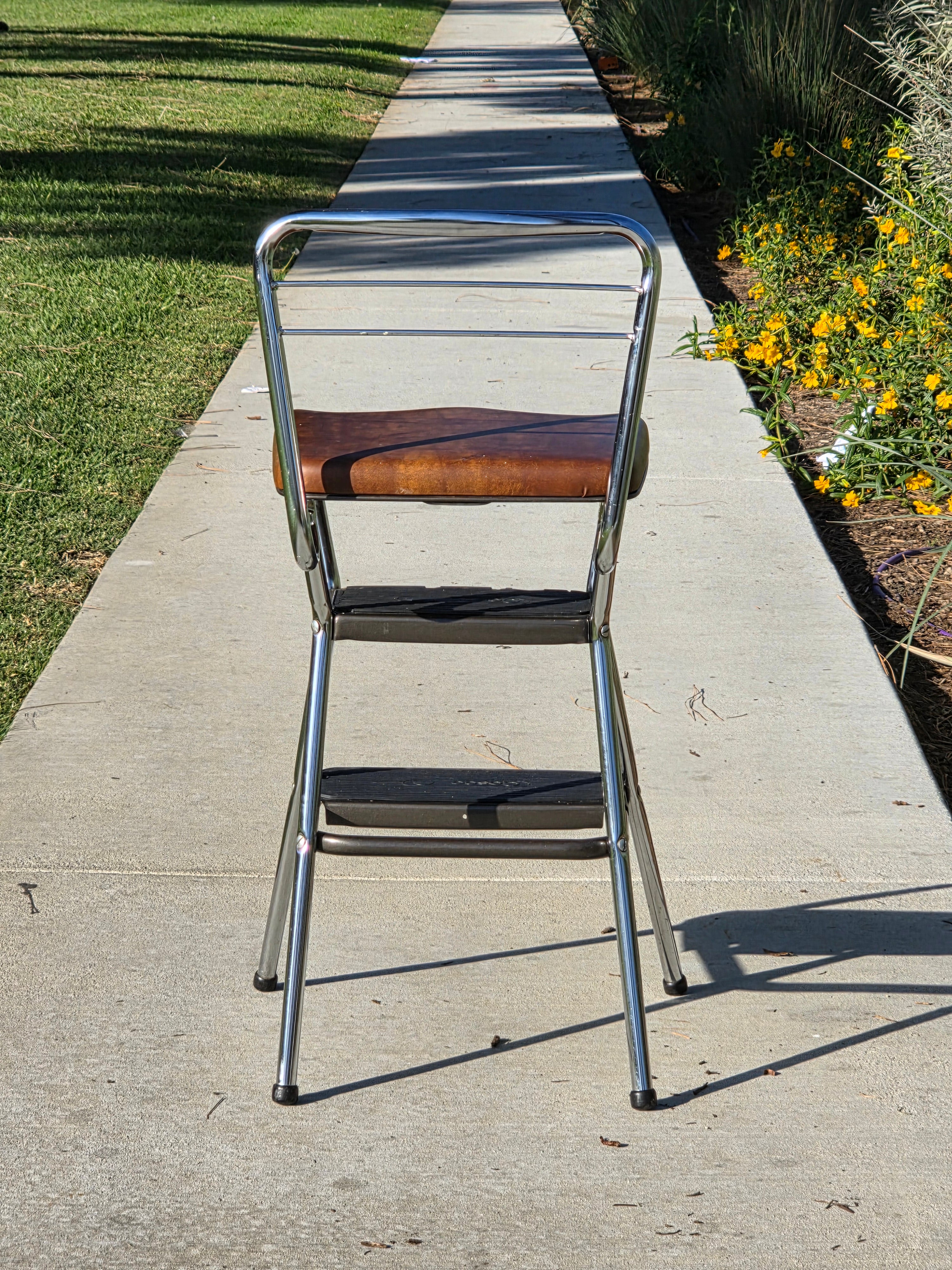 Vintage Cosco Kitchen Step Stool Chair with Lift-Up Seat Chrome & Brown