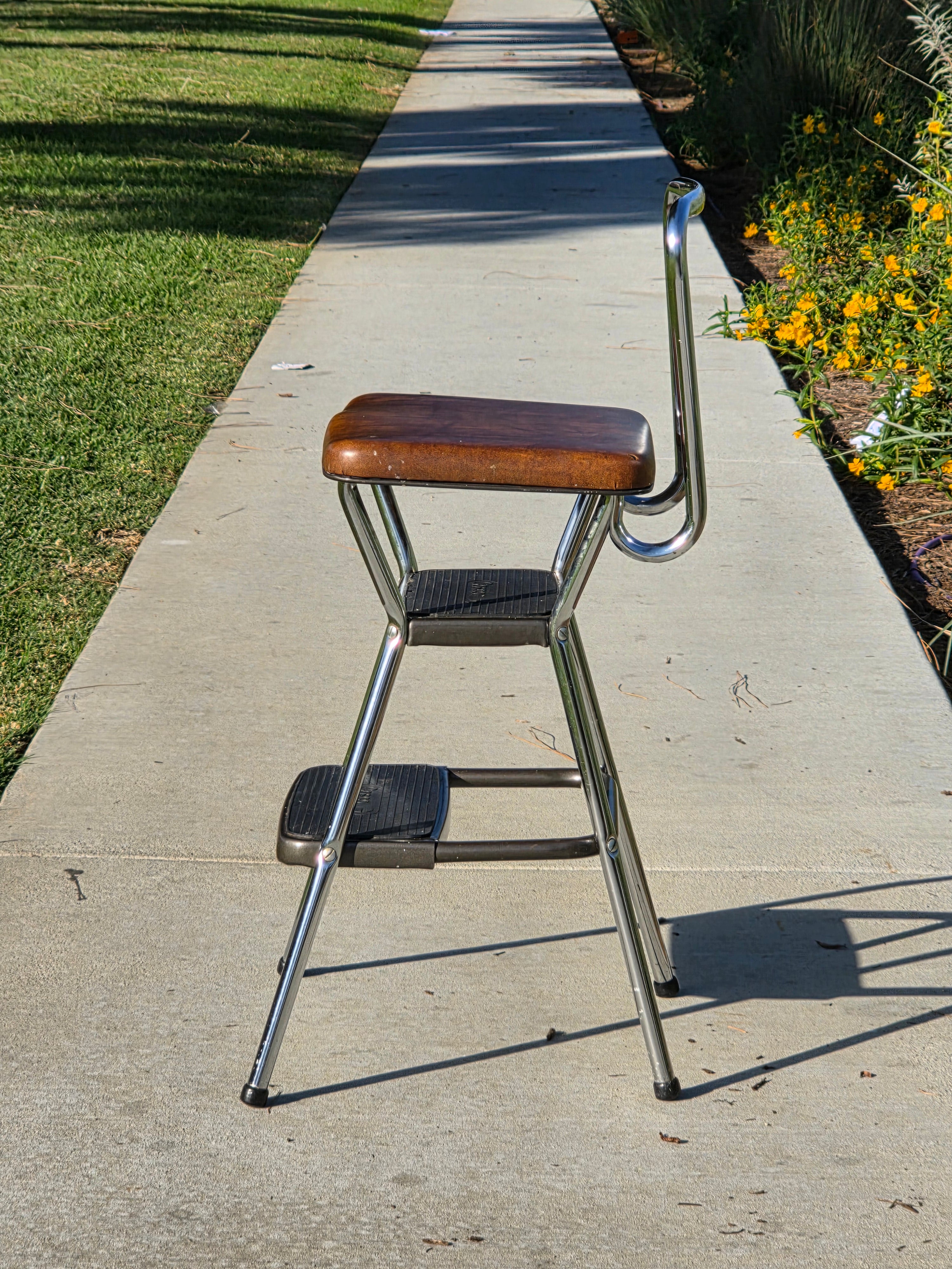 Vintage Cosco Kitchen Step Stool Chair with Lift-Up Seat Chrome & Brown