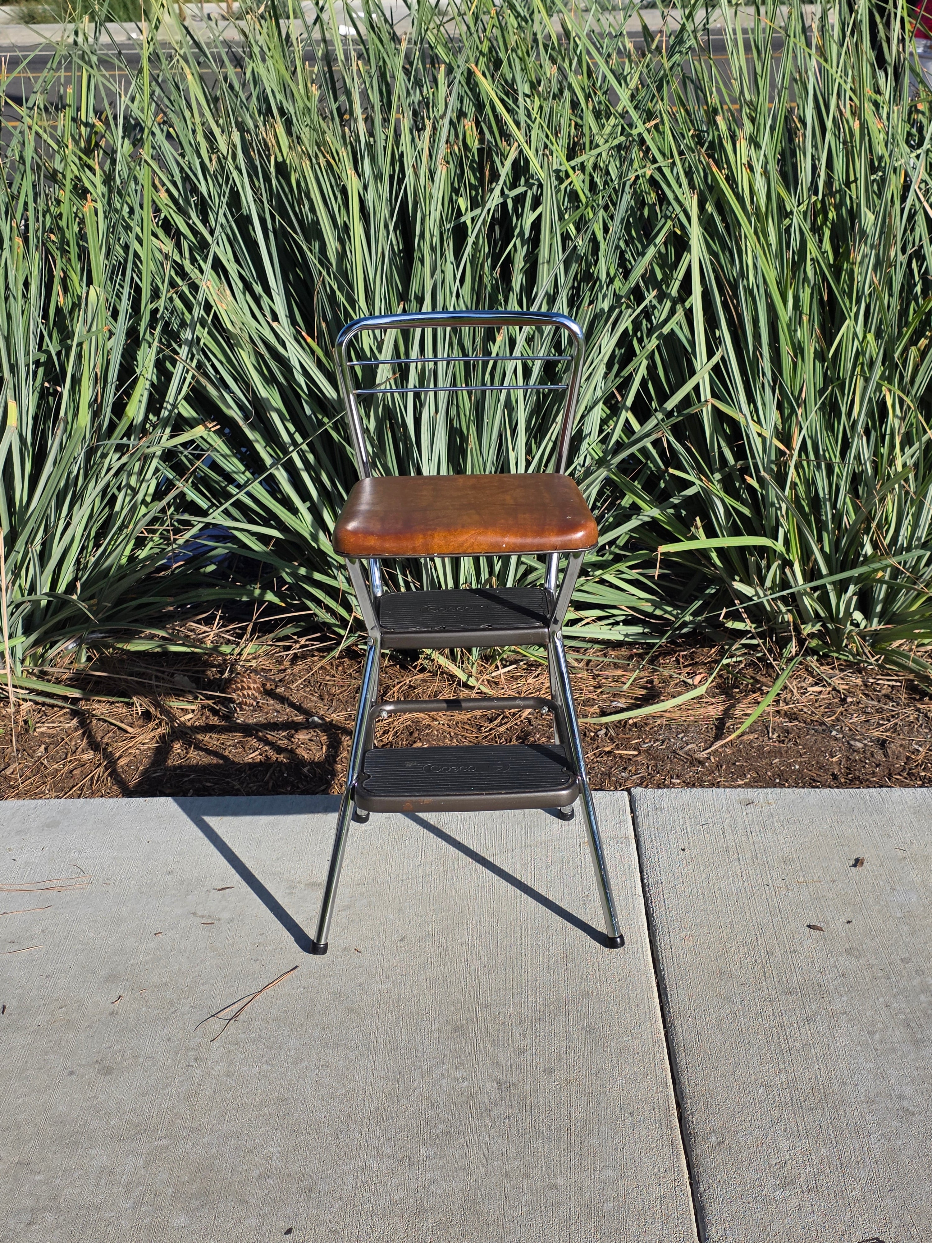 Vintage Cosco Kitchen Step Stool Chair with Lift-Up Seat Chrome & Brown