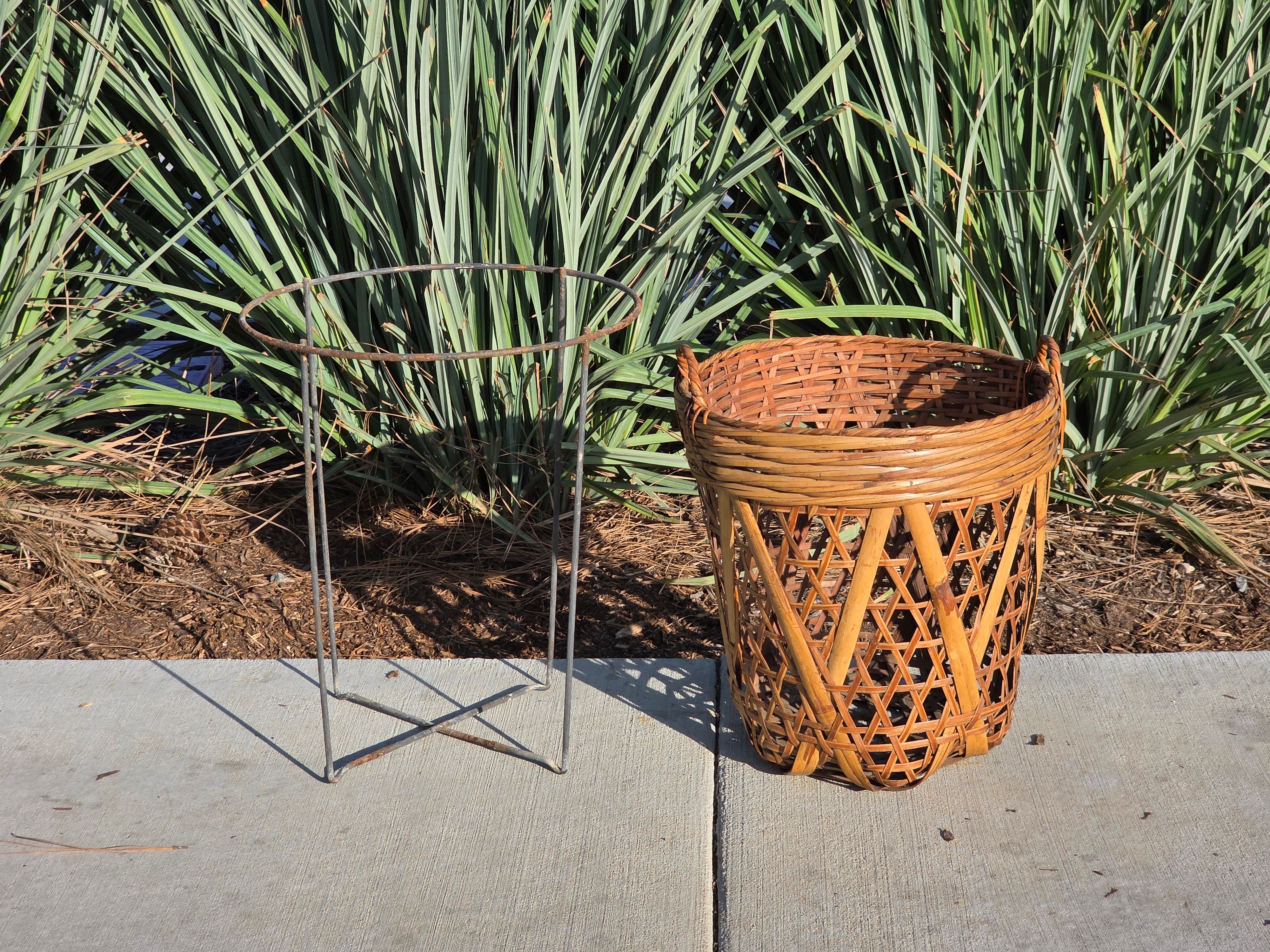 Vintage Boho Bamboo & Rattan Basket with Mid-Century Modern Iron Wire Stand