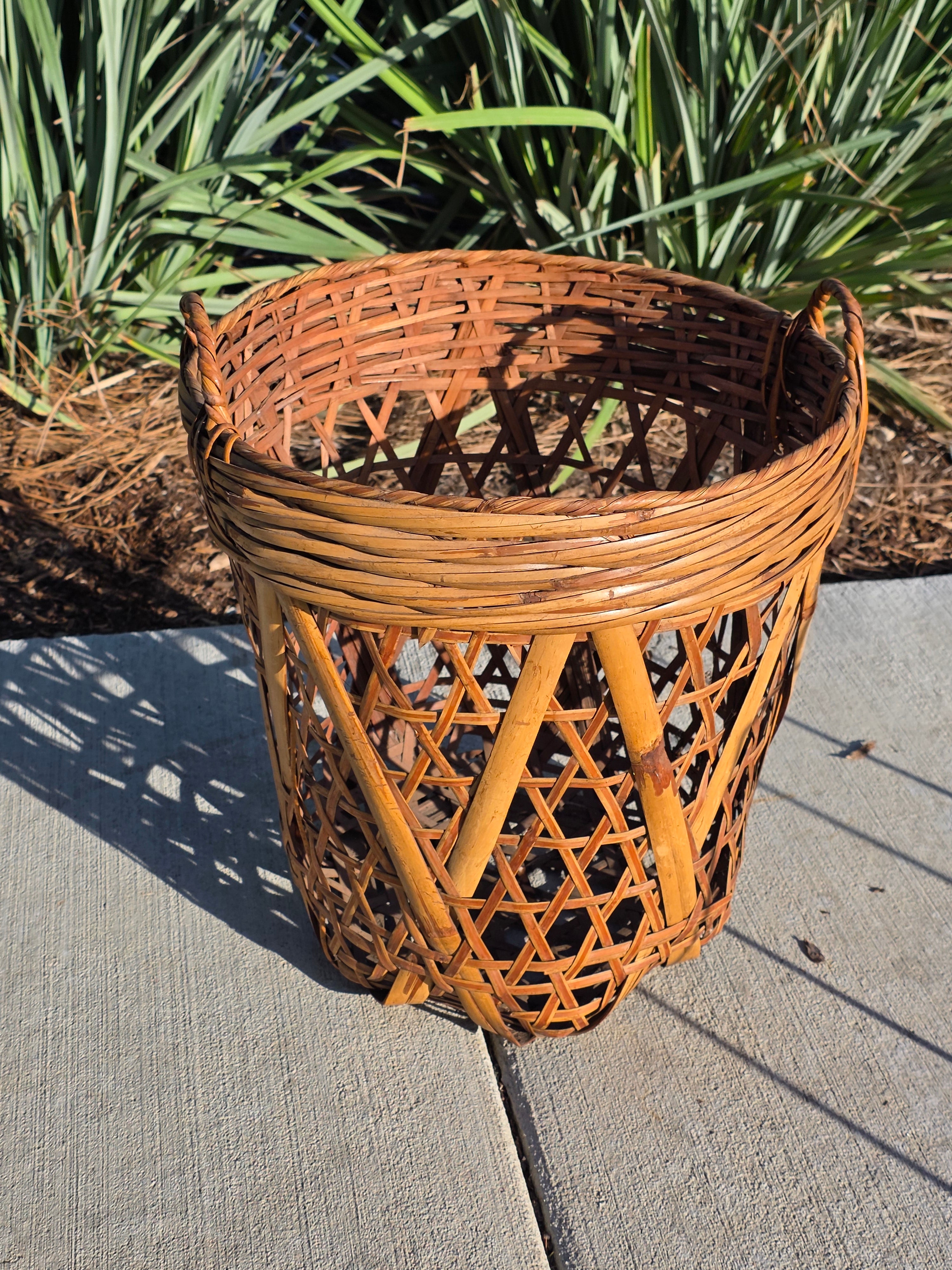 Vintage Boho Bamboo & Rattan Basket with Mid-Century Modern Iron Wire Stand