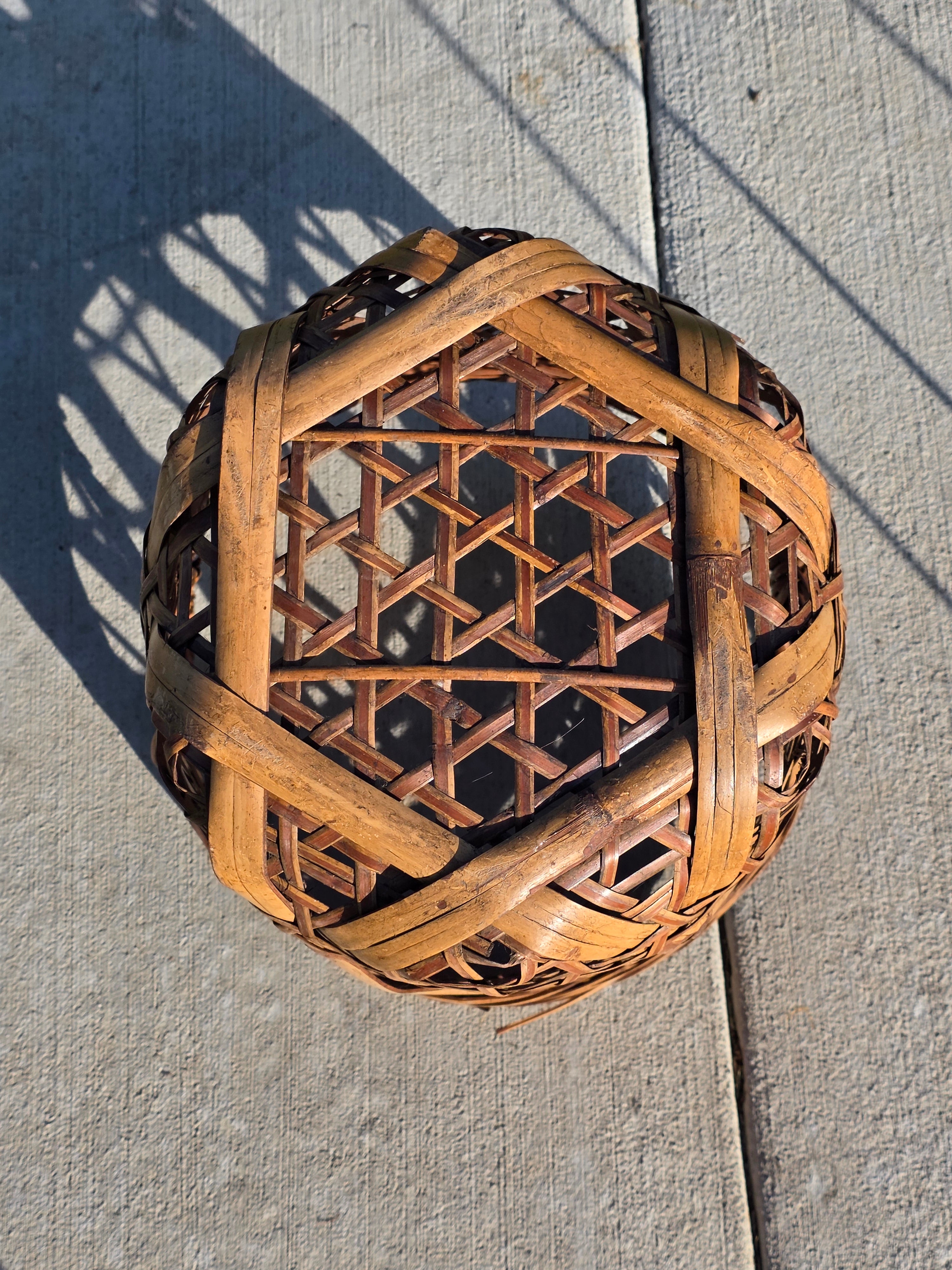 Vintage Boho Bamboo & Rattan Basket with Mid-Century Modern Iron Wire Stand