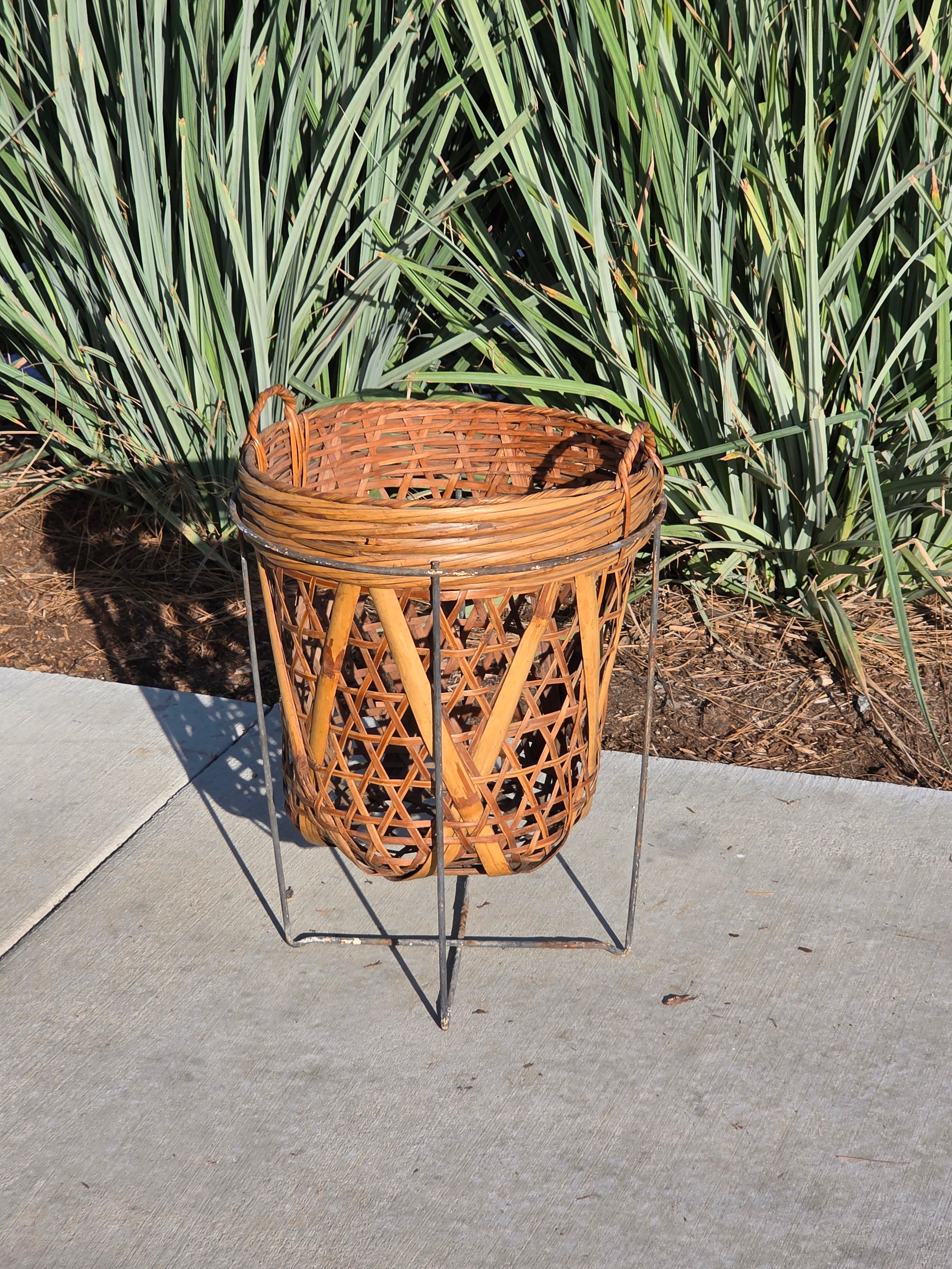 Vintage Boho Bamboo & Rattan Basket with Mid-Century Modern Iron Wire Stand