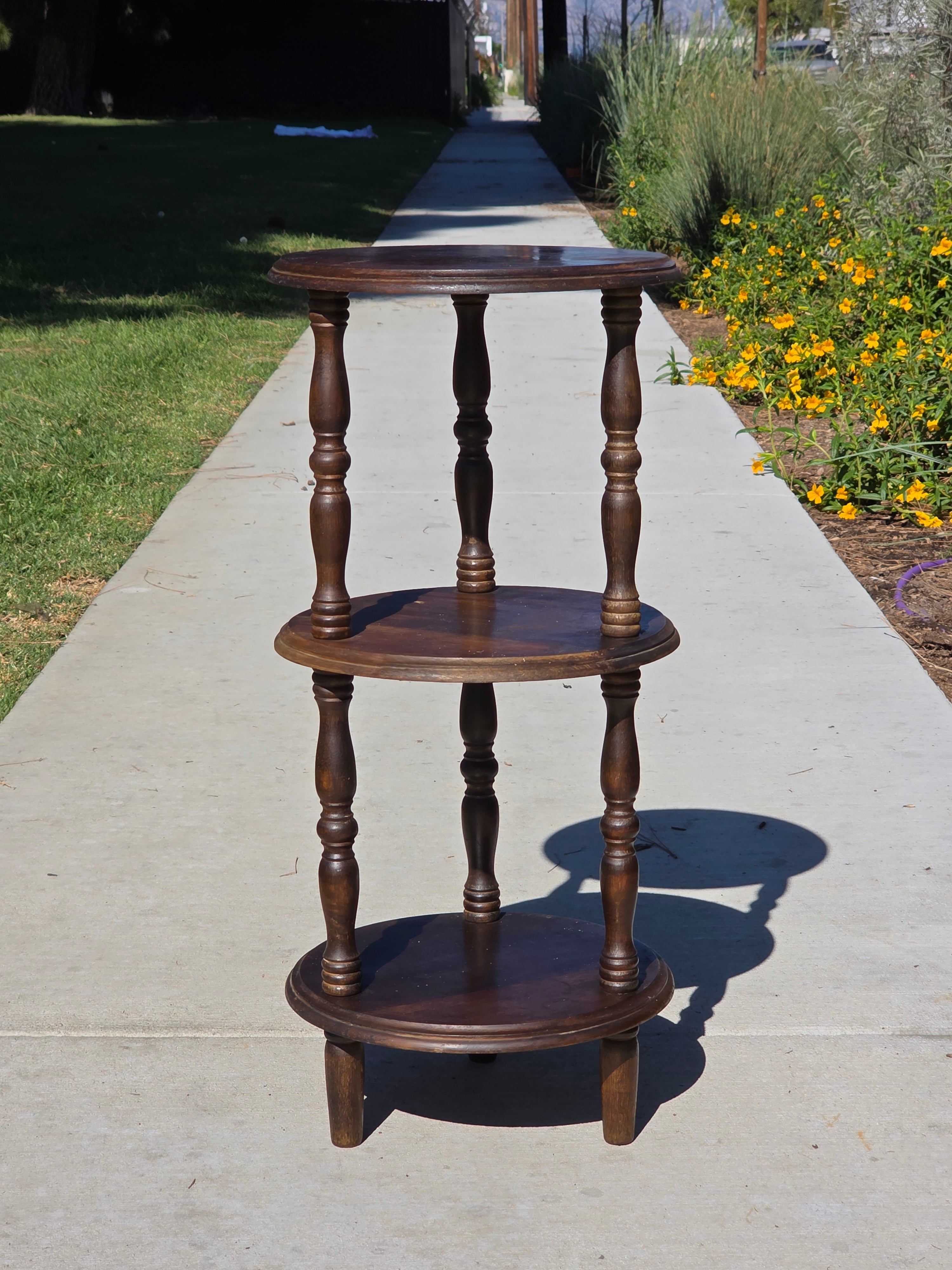 Vintage 3-Tier Turned Wood Plant Stand & Round Side Table (Circa 1960s)