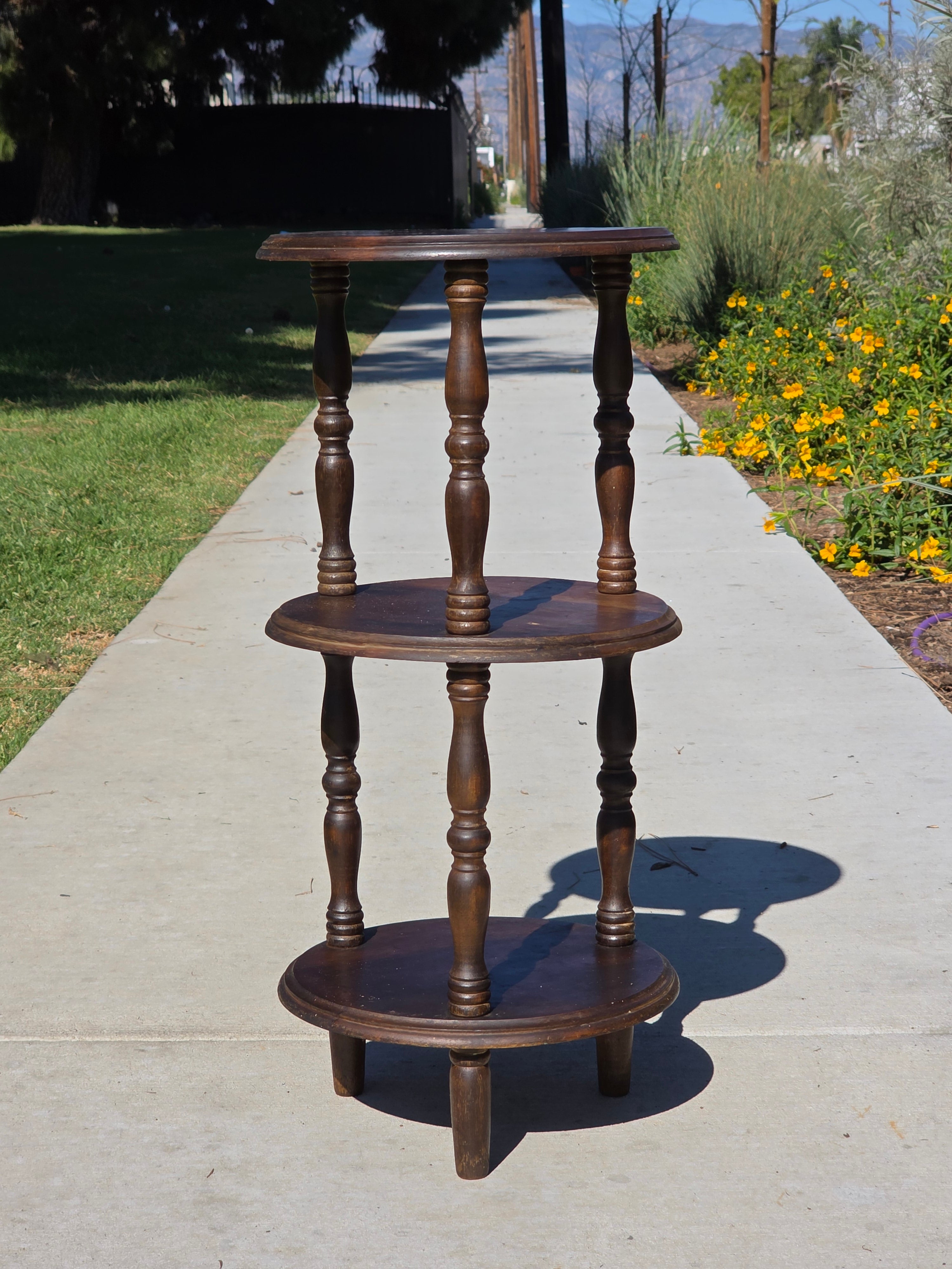 Vintage 3-Tier Turned Wood Plant Stand & Round Side Table (Circa 1960s)