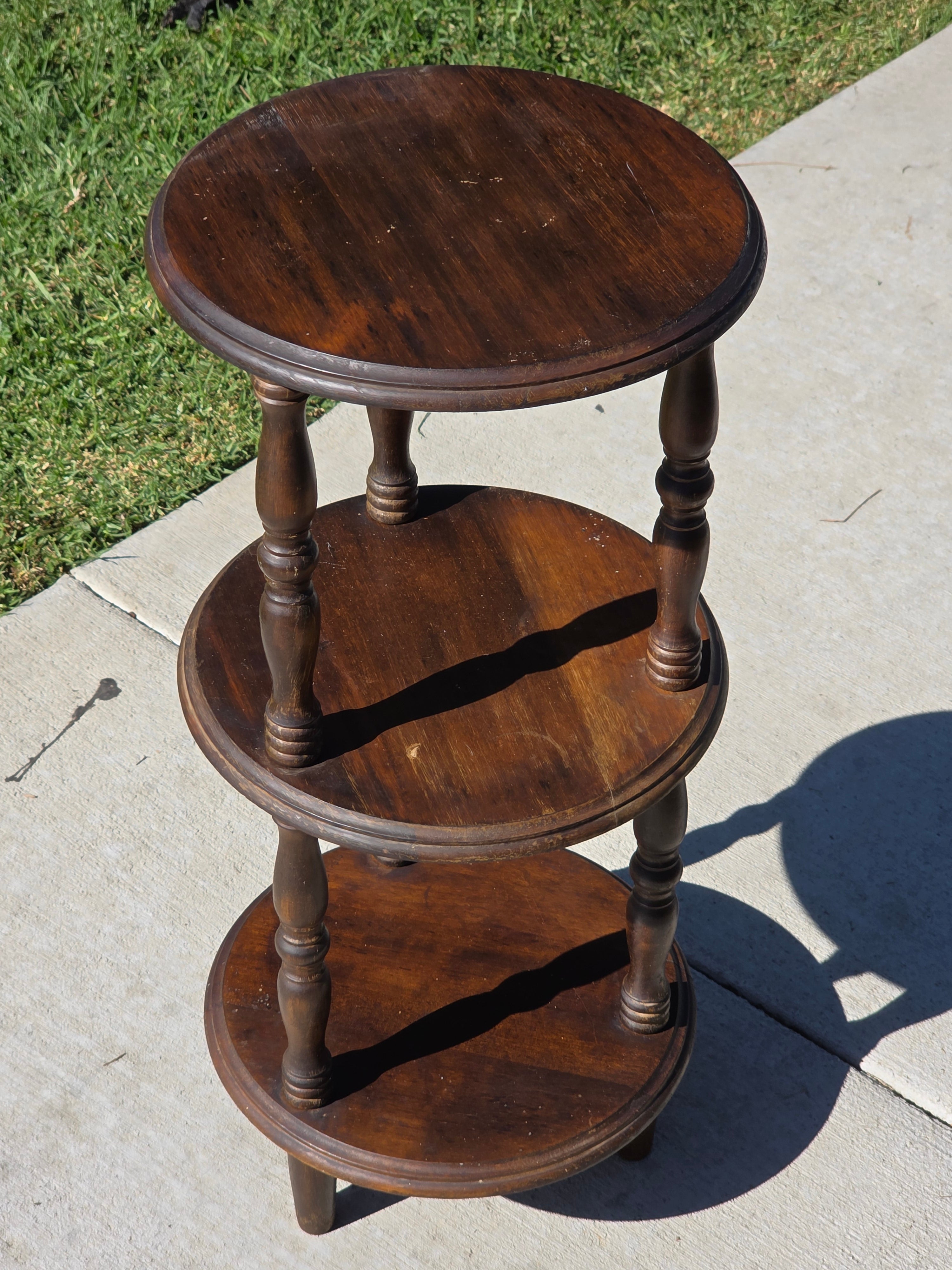 Vintage 3-Tier Turned Wood Plant Stand & Round Side Table (Circa 1960s)