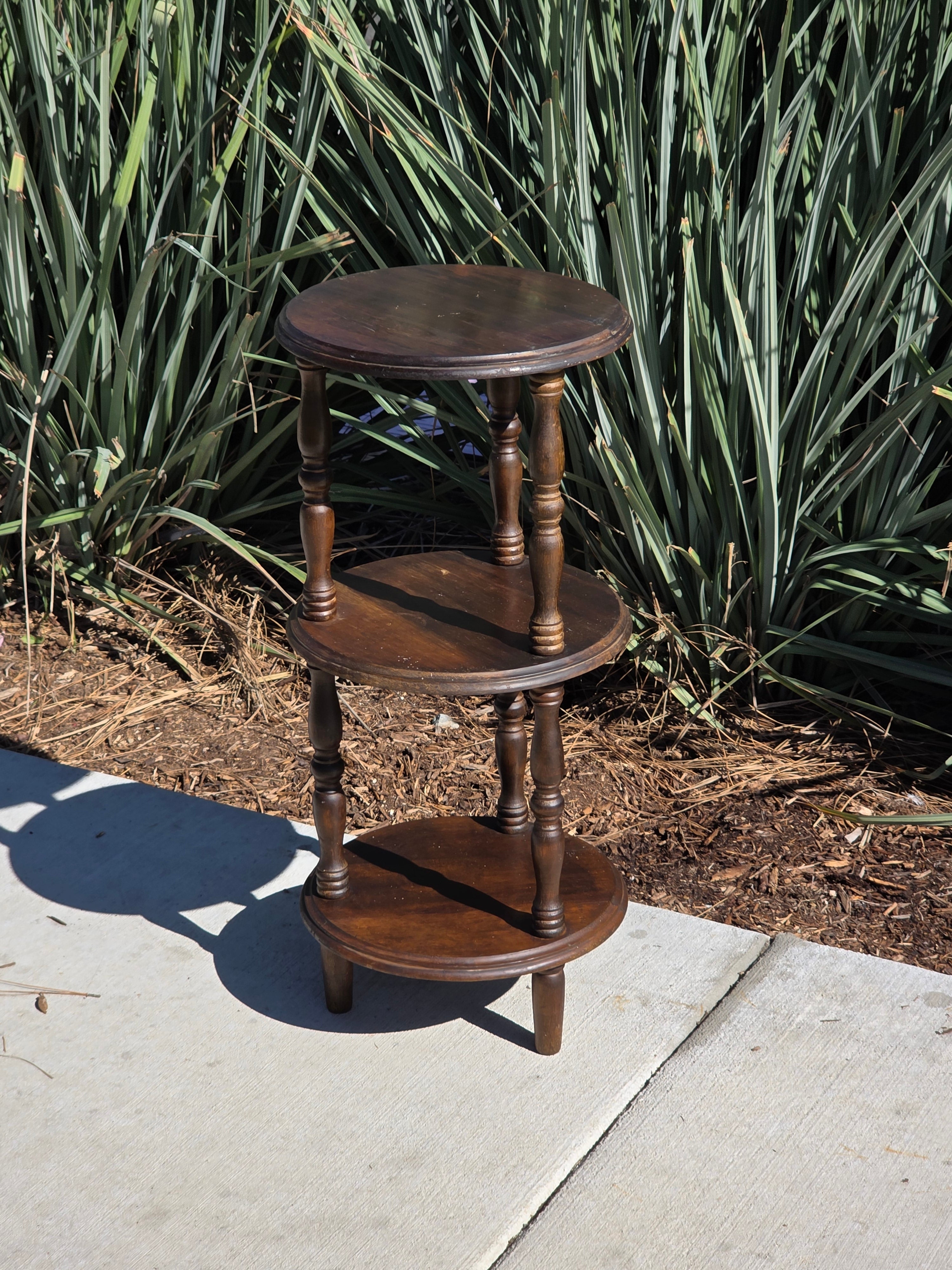 Vintage 3-Tier Turned Wood Plant Stand & Round Side Table (Circa 1960s)