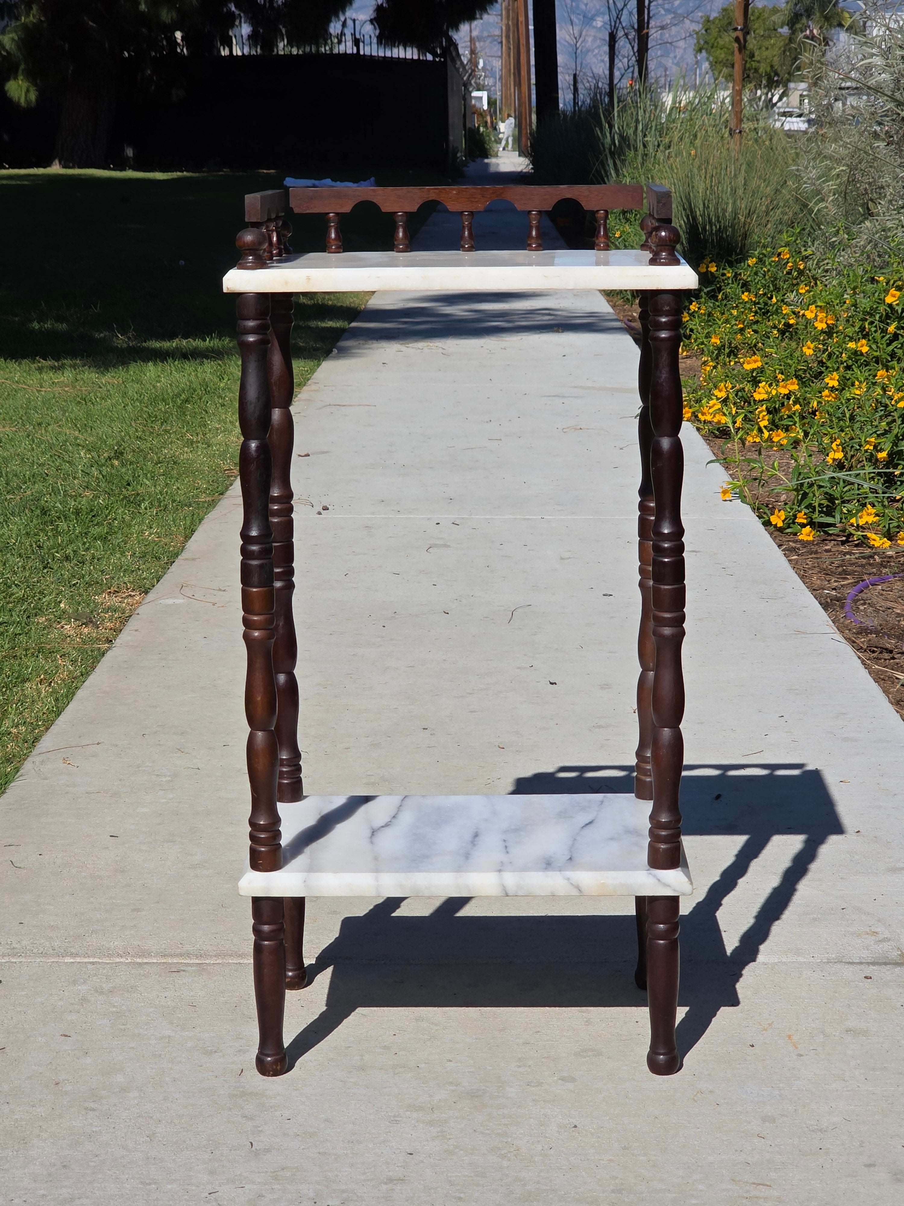 Vintage 2-Tier Marble & Wood Plant Stand Side Table