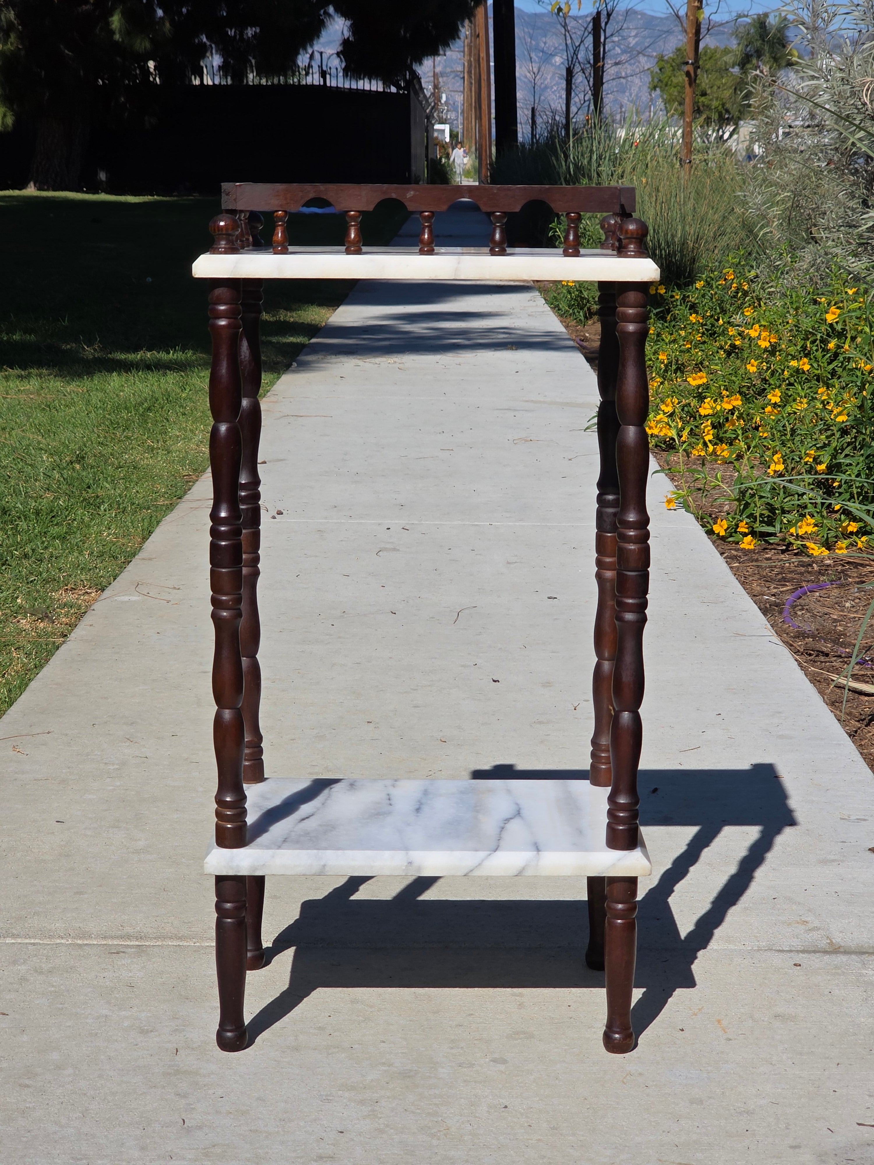 Vintage 2-Tier Marble & Wood Plant Stand Side Table