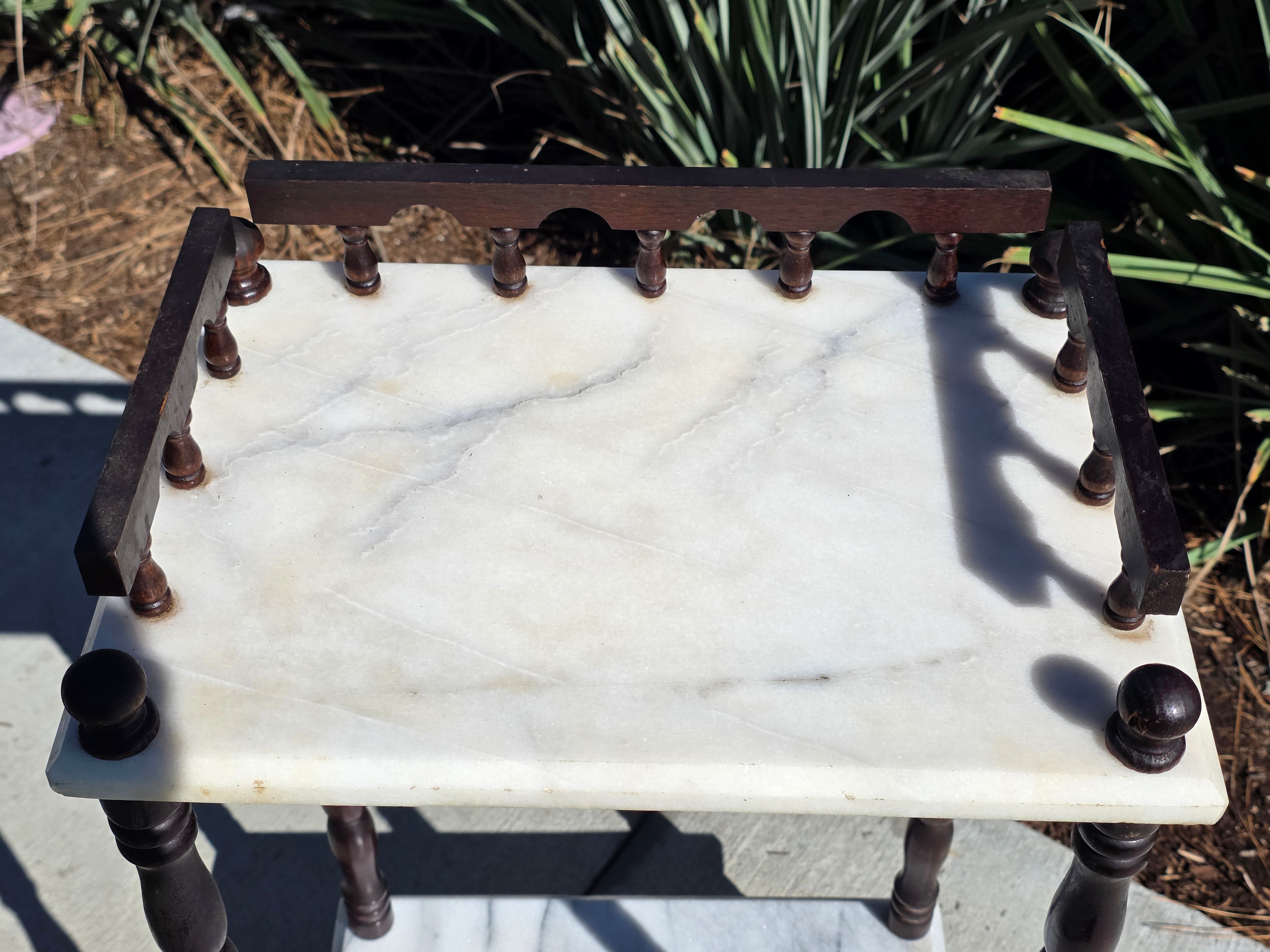 Vintage 2-Tier Marble & Wood Plant Stand Side Table